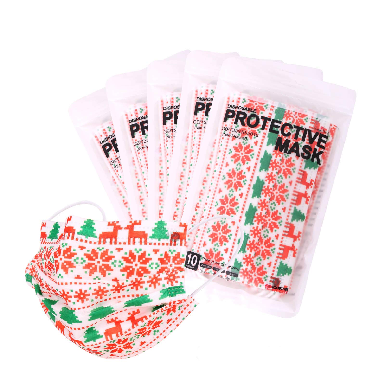 50-Pack Disposable 3-Ply Face Masks with Nanofiber Filter - Breathable Cup Dust Masks for Business PPE (Christmas Snowflake Reindeer Print) - Perfect for Offices, Retail Stores & Holiday Gatherings