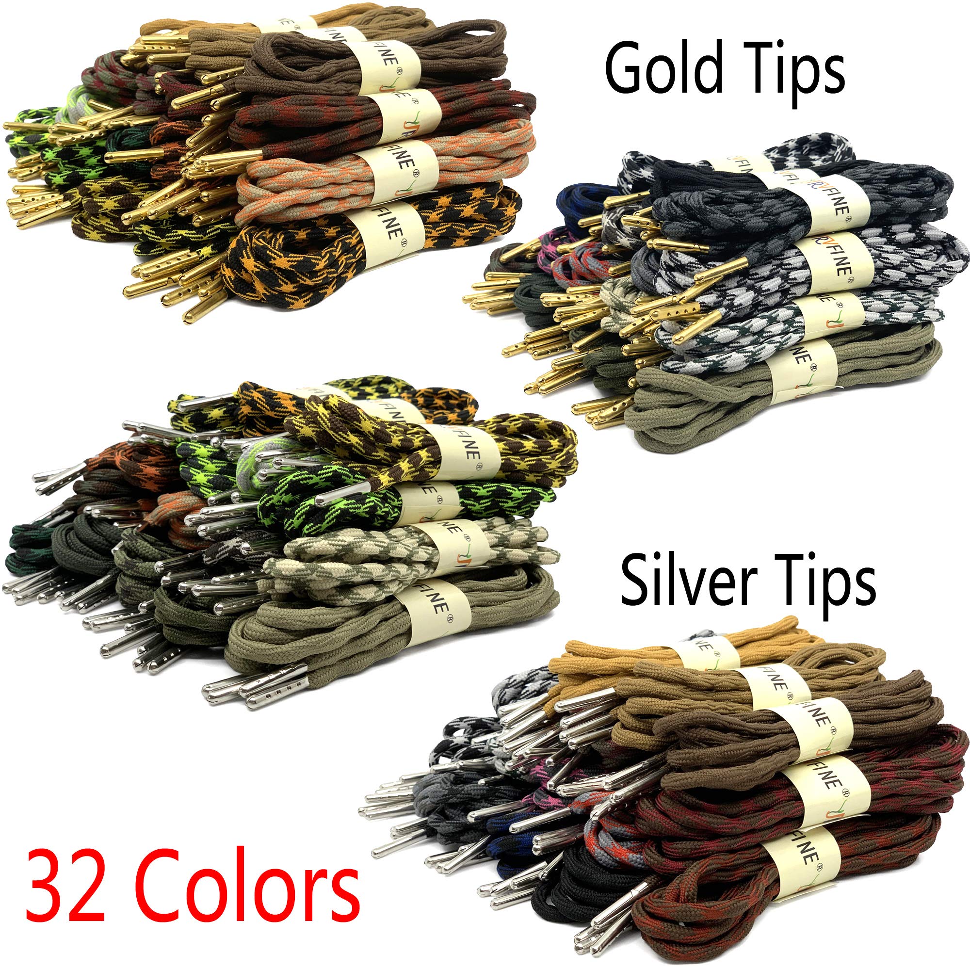 YJRVFINE 2-Pair Non-Slip Thick Round Hiking Boot Laces with Metal Tips - Durable Shoelaces for Outdoor Hiking, Work Boots & Winter Shoes