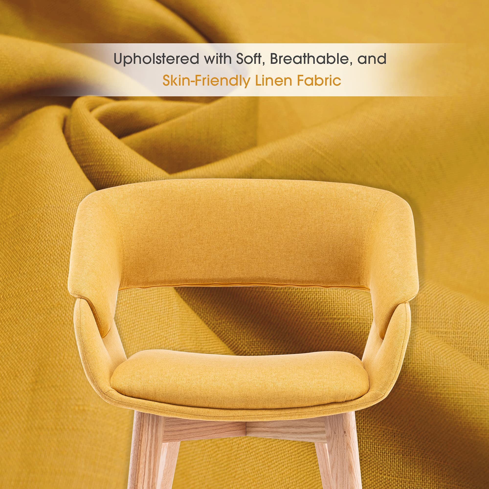 ivinta Mid-Century Modern Dining Chairs Set of 2 - Upholstered Accent Armchairs with Solid Wood Legs & Linen Fabric - Yellow Club Chairs with Cushions - Perfect for Dining Room, Living Room & Guest Seating