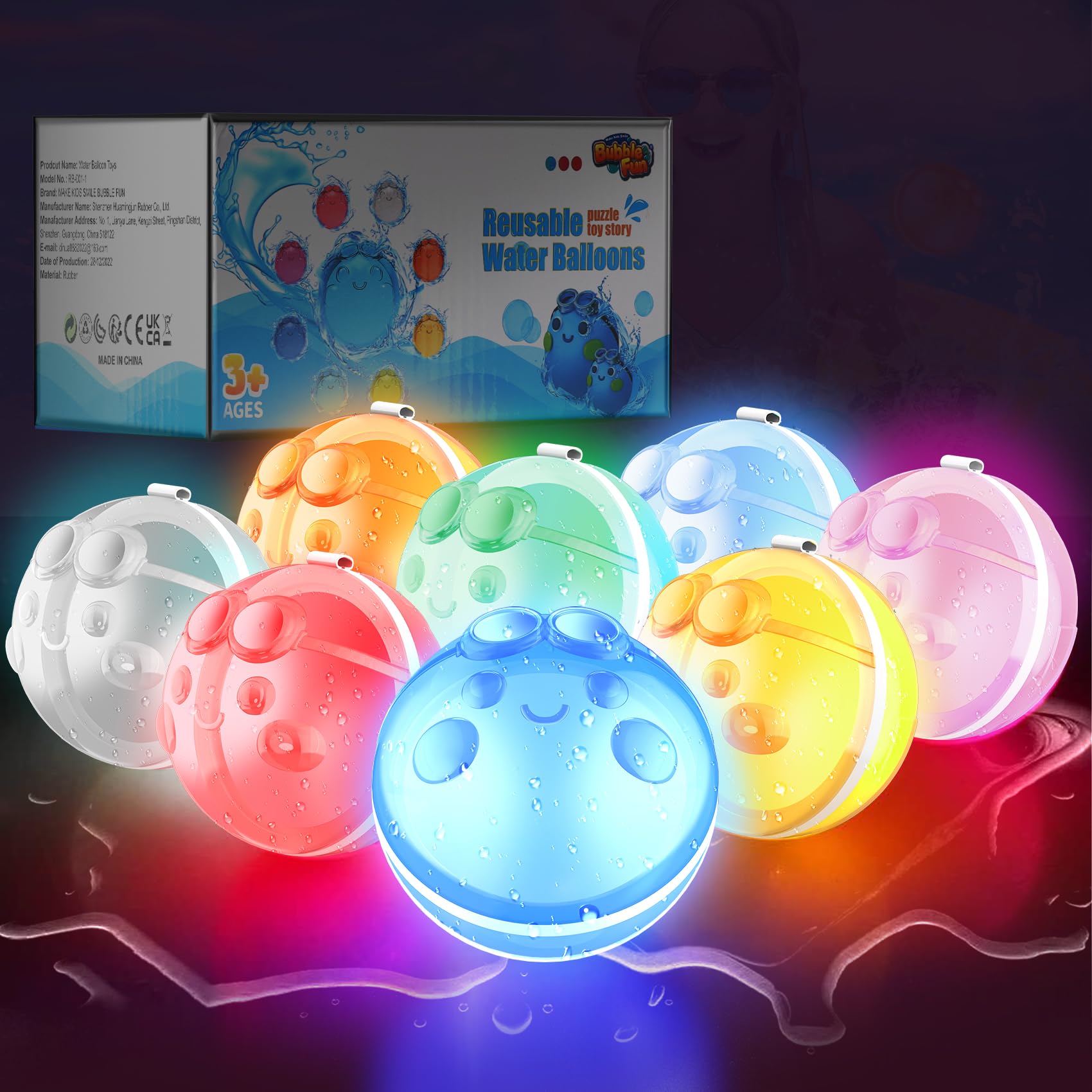 8 Pack LED Flashing Reusable Water Balloons - Self-Sealing Water Bombs for Kids & Adults - Summer Outdoor Pool Party Toys - Easy Fill Silicone Water Balls for Backyard Games, Beach Fun & Birthday Parties