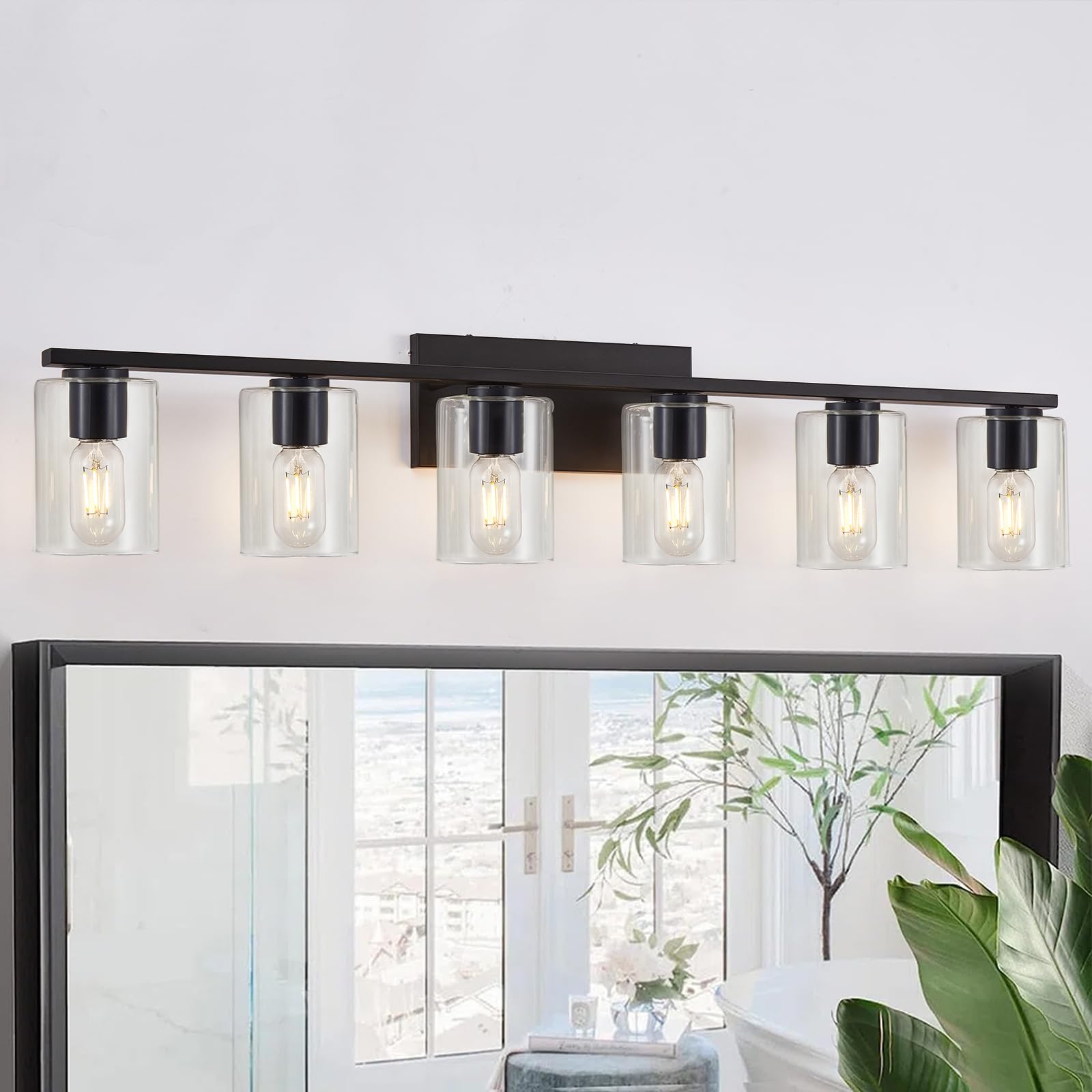 6-Light Black Bathroom Vanity Lighting with Clear Glass Shade - Modern Metal Vanity Lights for Bathroom, Bedroom & Living Room - Perfect Over Mirror for Home Decor