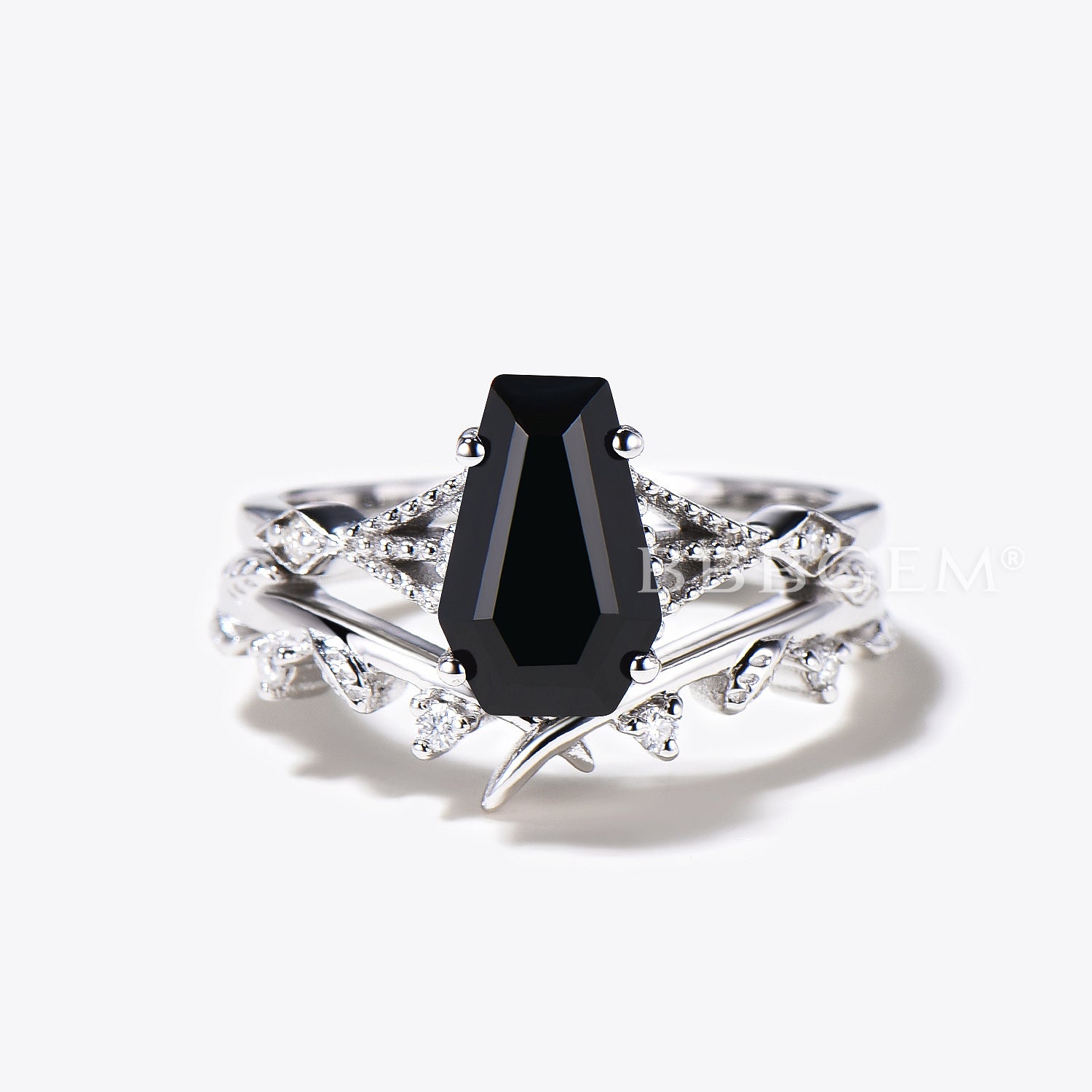 Black Onyx & Moissanite Coffin Cut Engagement Ring Set with Leaf Curve Band in Rose Gold - Perfect for Weddings, Anniversaries, and Unique Proposal Gifts