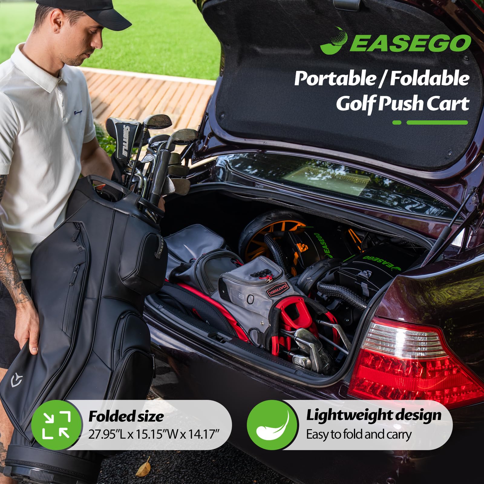 **3 Wheel Golf Push Cart - Foldable Golf Bag Caddy with Phone Holder, Cup Holder & Umbrella Holder | Compact & Quick Fold Design | Large Wheelbase for All Terrains | Perfect for Golfers, Seniors & Beginners**    *(Use Case: Ideal for golf courses, practice ranges, or casual strolls – lightweight, portable, and easy to store!)*