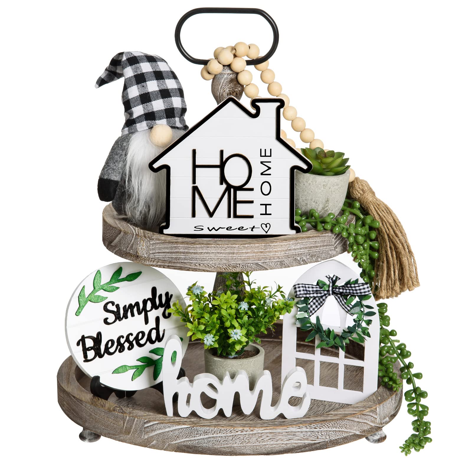 11-Piece Farmhouse Tiered Tray Decor Set with Artificial Succulents, Home Sweet Home Sign & Wooden Bead Garland - Rustic Black White Buffalo Plaid Gnome Decor (Tray Not Included) - Perfect for Kitchen Countertops, Coffee Tables, and Seasonal Home Decor