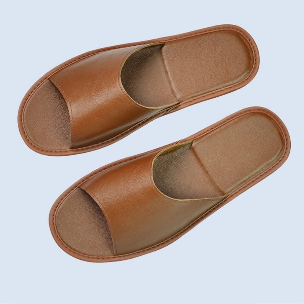 Premium Cowhide Leather Slippers for Men & Women - Soft Indoor House Shoes for Wooden Floors - Comfortable Non-Slip Rug Slippers for Home, Office & Hotel Use (Color: Brown, Size 42/43) - Ideal for Spring, Summer & Fall Seasons