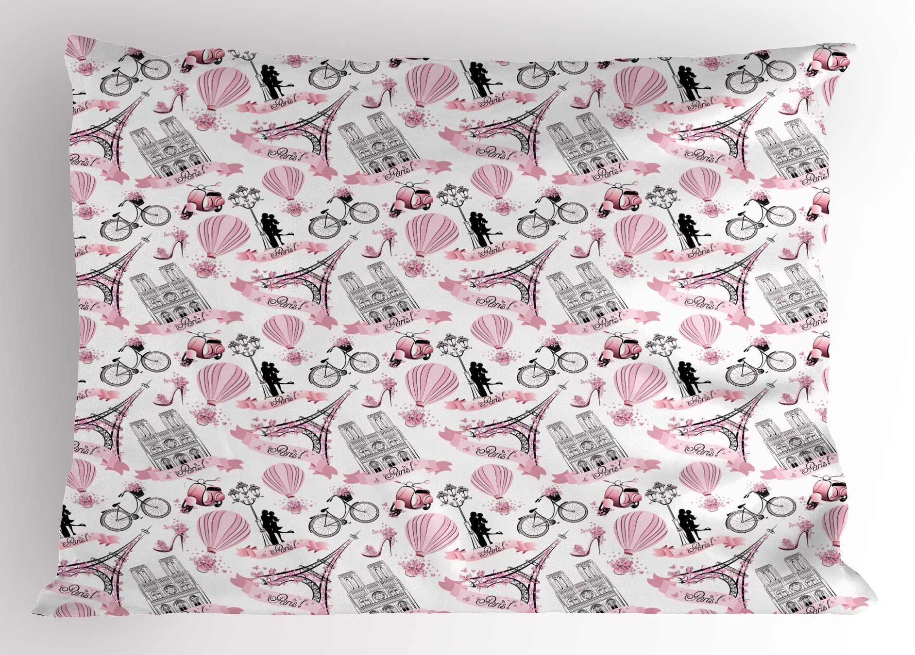 Ambesonne Eiffel Tower Pillow Sham - Romantic Parisian Love Theme, French Bridal Decor, Pink Blossom Print, Standard King Size 36