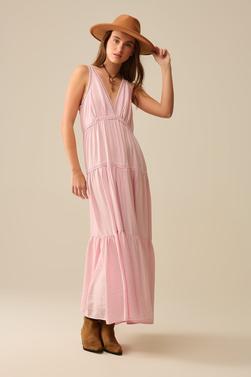 Long Pink Boho Lace Robe for Women - Elegant Floral Lace Trim Maxi Dress for Lounge, Bridal Shower & Beach Cover-Up