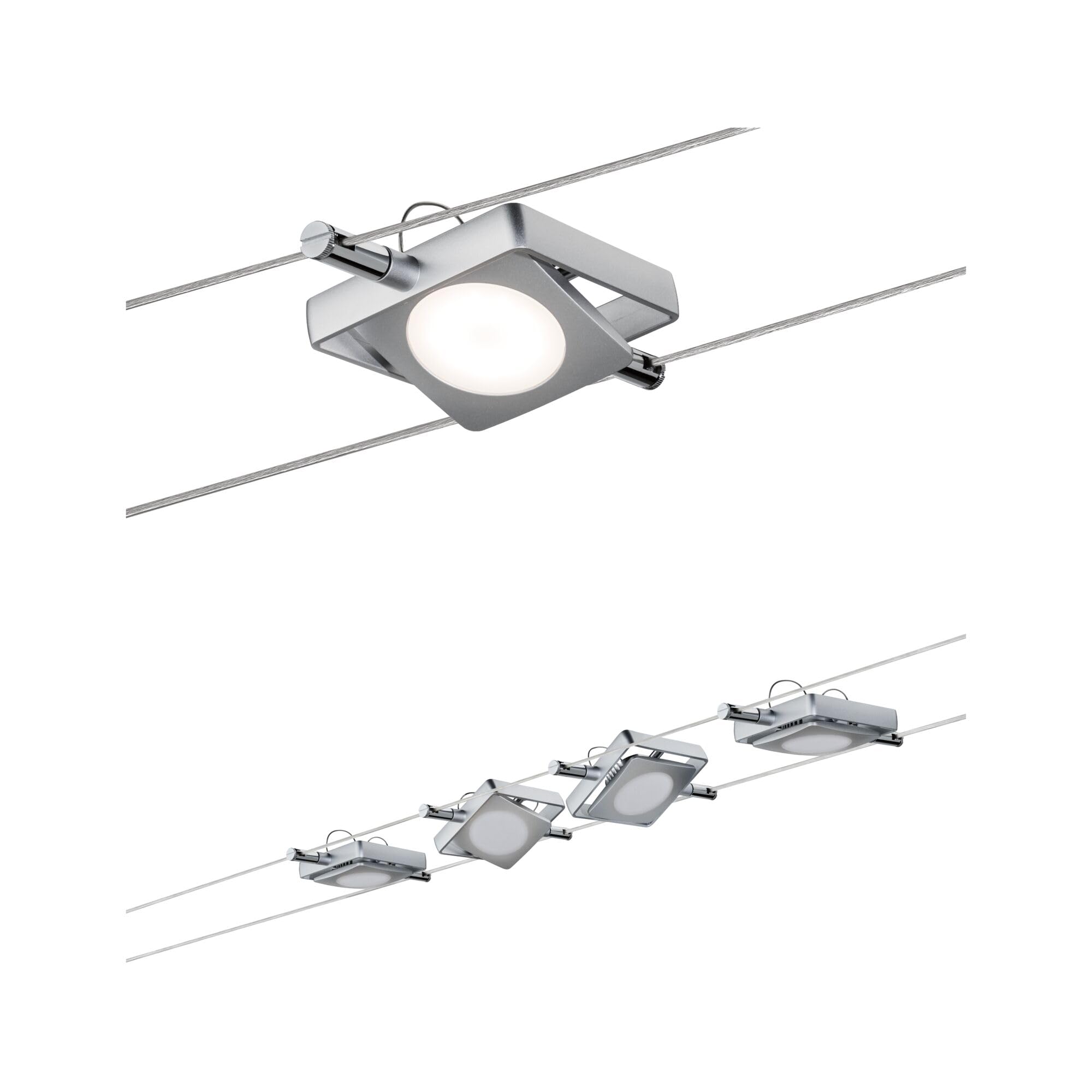 Paulmann 941.07 MacLED Tension Wire Lighting System - 4 Square Spotlights with 10m Cable & Transformer - 16W 2700K Chrome Indoor Ceiling/Wall Lights [Energy Class A+] - Perfect for Modern Homes, Retail Displays & Gallery Lighting