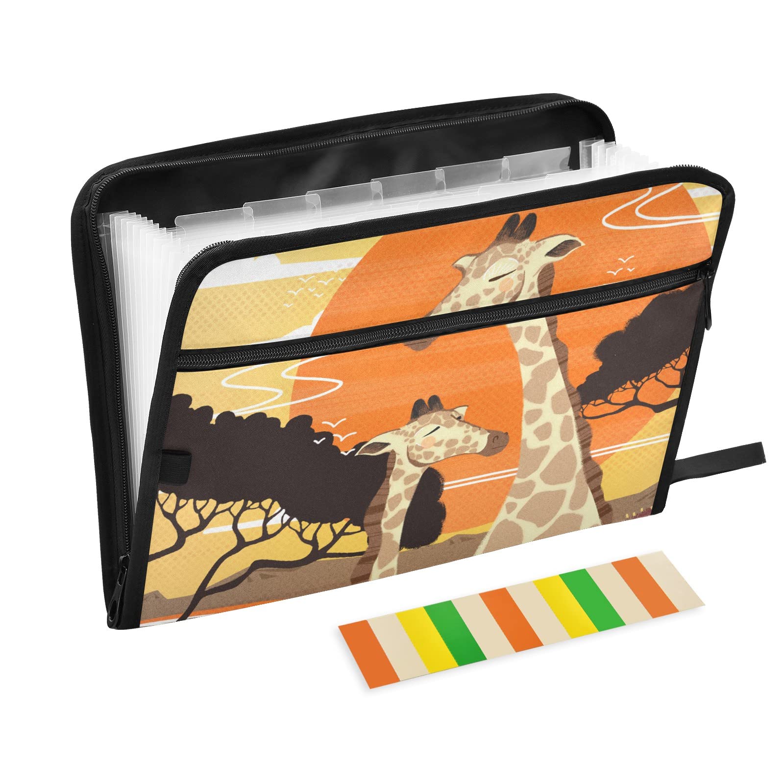 UMIRIKO 13-Pocket Expanding File Folder with Sticky Labels - Giraffe Africa Design, A4 Letter Size Accordion Organizer with Zipper Closure - Perfect for Office Documents, School Papers, Tax Records & Travel Receipts