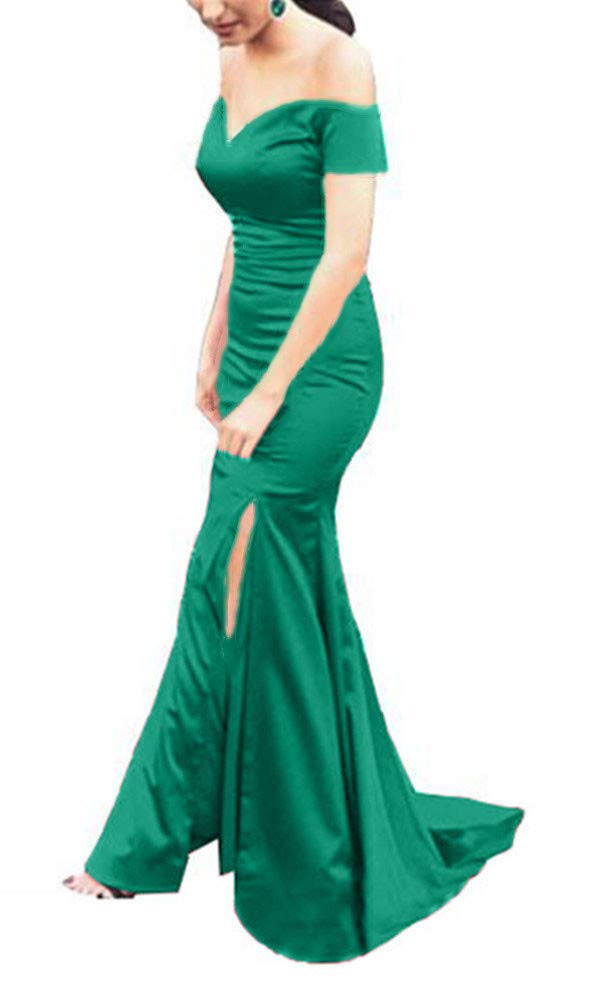 Elegant Turquoise Satin Off-the-Shoulder Mermaid Evening Dress with High Slit - Women's Formal Prom Gown for Special Occasions, Parties & Red Carpet Events