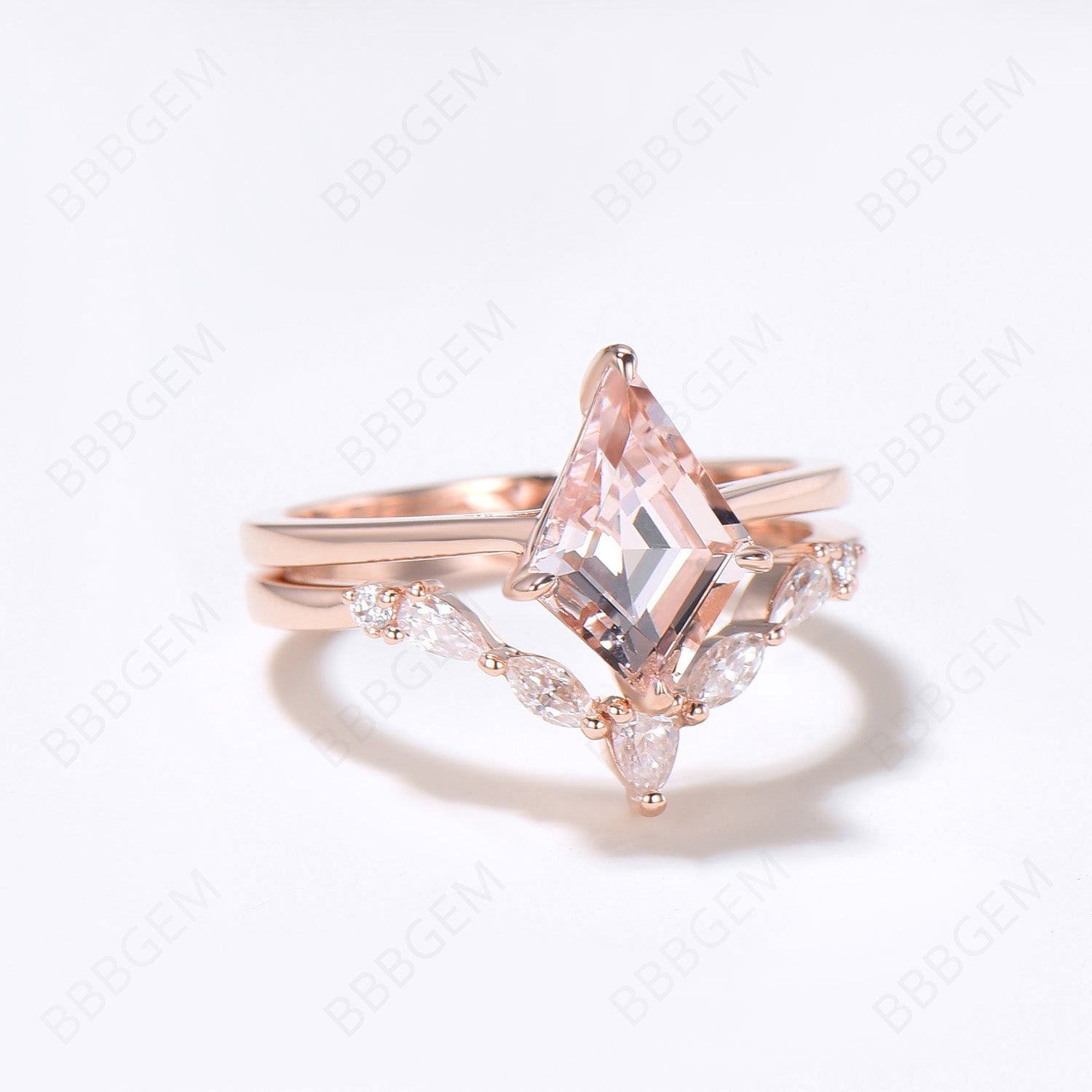 Rose Gold Peach Morganite Engagement Ring Set - Unique Kite Cut Natural Morganite & Moissanite Bridal Ring for Women | Perfect for Proposals, Weddings & Anniversary Gifts