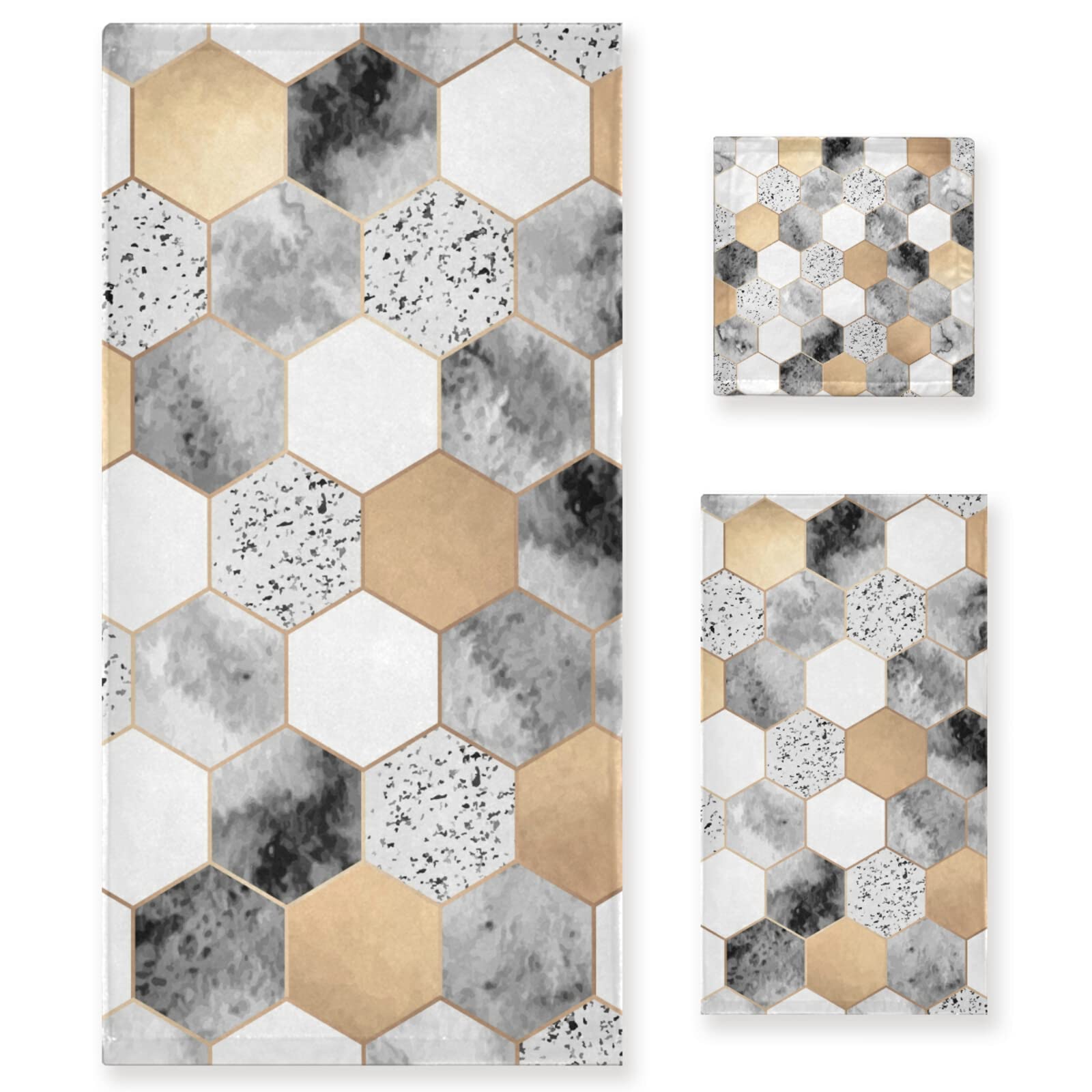 Premium Gold & Gray Hexagon Marble Pattern Bath Towel Set - 3 Piece Luxury Bathroom Towels (Bath Towel, Hand Towel, Washcloth) for Spa, Hotel & Home Decor