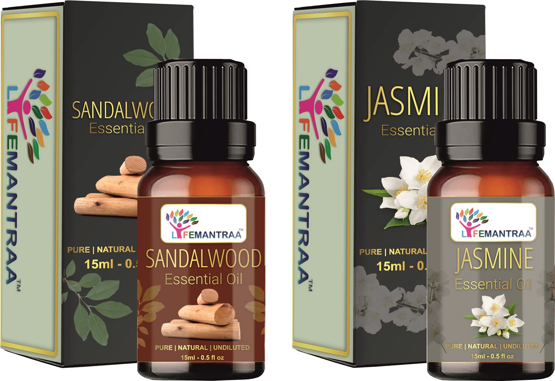 Pure Sandalwood & Jasmine Essential Oil Set - 100% Natural Aromatherapy Oils for Diffusers, Soap Making, Candles | 15ml Each (30ml Total) | Home Fragrance, Spa Relaxation, Yoga Meditation & Stress Relief