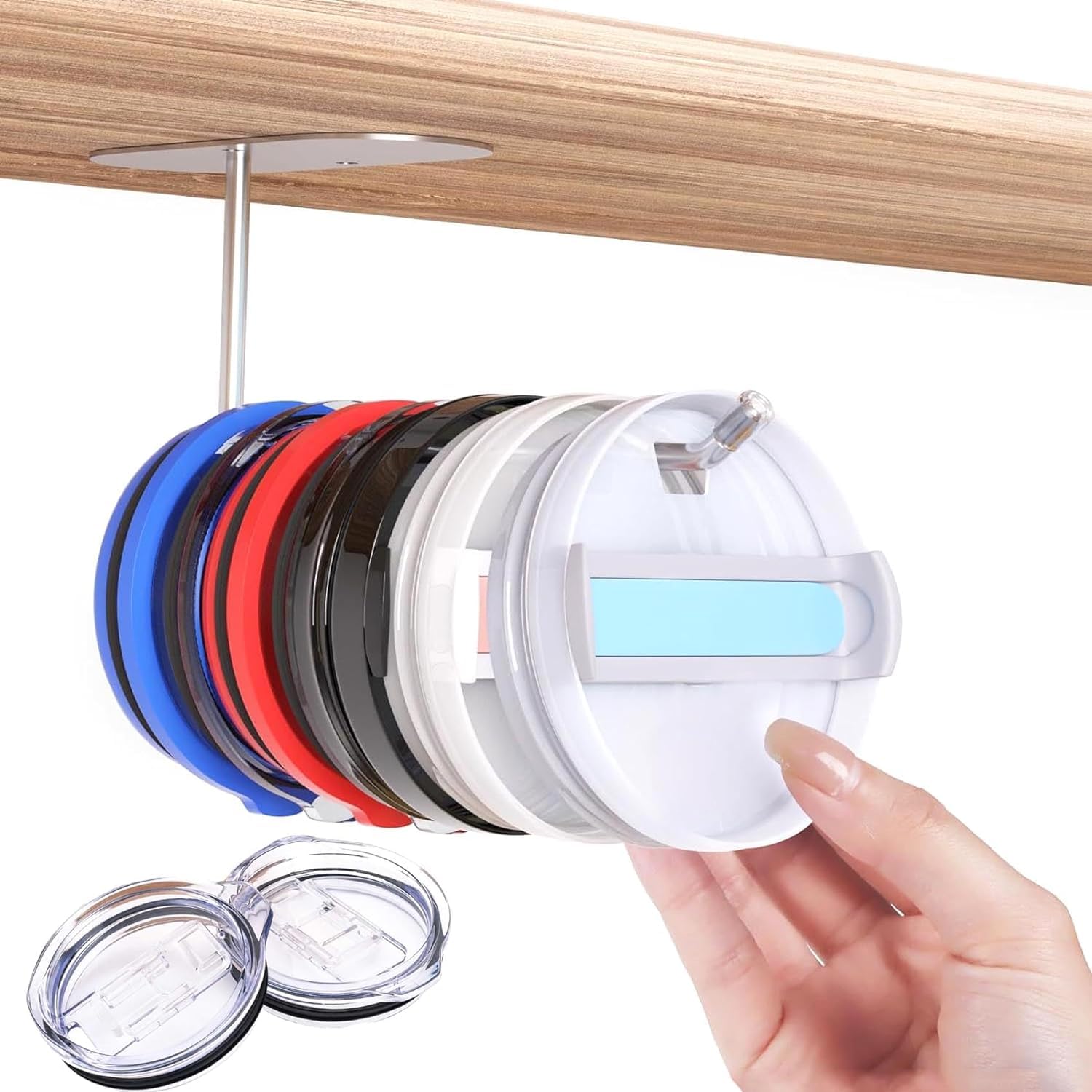 2 Pack Tumbler Lid Organizer - Space Saving Cup Lid Holder for Yeti, Stanley & All Tumblers - Self-Adhesive or Drill Hook Options - Perfect for Kitchen Cabinet, Pantry & RV Storage Organization