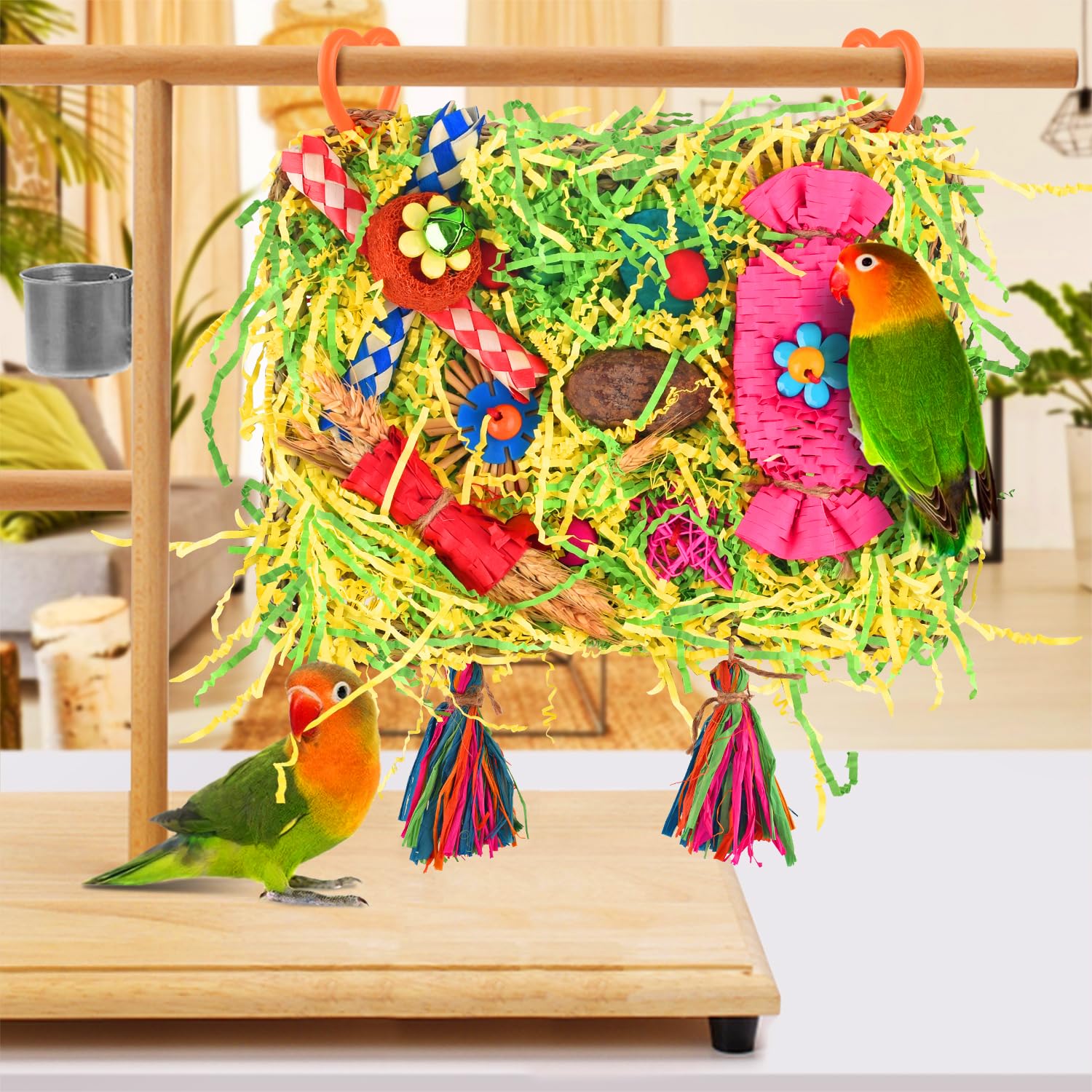 Colorful Parrot Foraging Toys - Large Grass Mat with Chewable Shredder & Climbing Hammock for Conures, Parakeets & Small Birds | Interactive Bird Enrichment for Cage Play & Mental Stimulation
