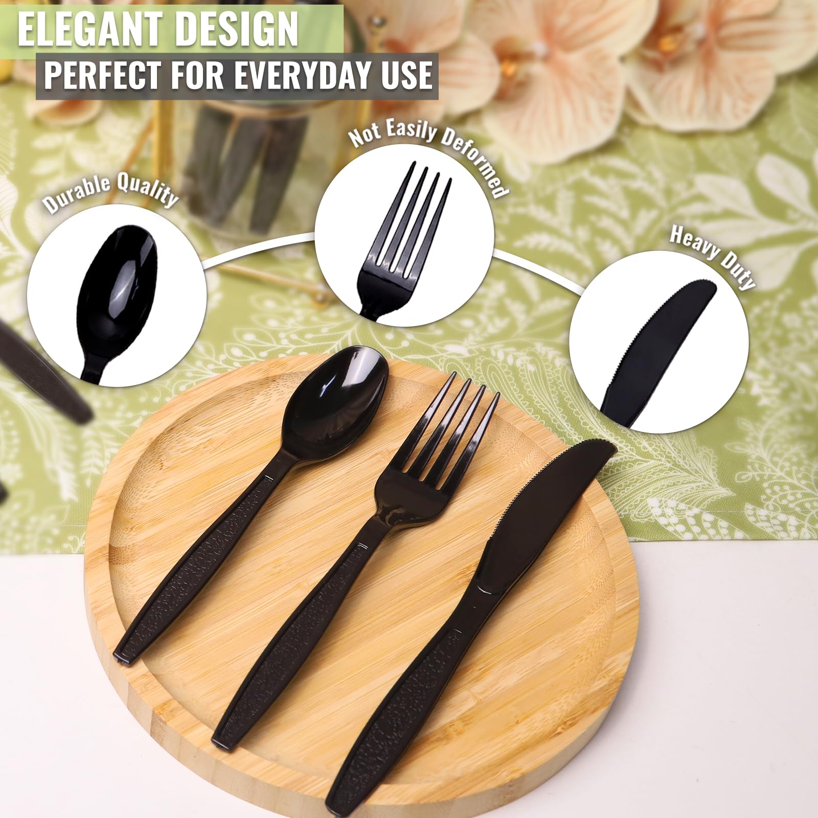 260 PCS Black Disposable Cutlery Set - Durable Plastic Forks Spoons Knives for Wedding Camping Travel