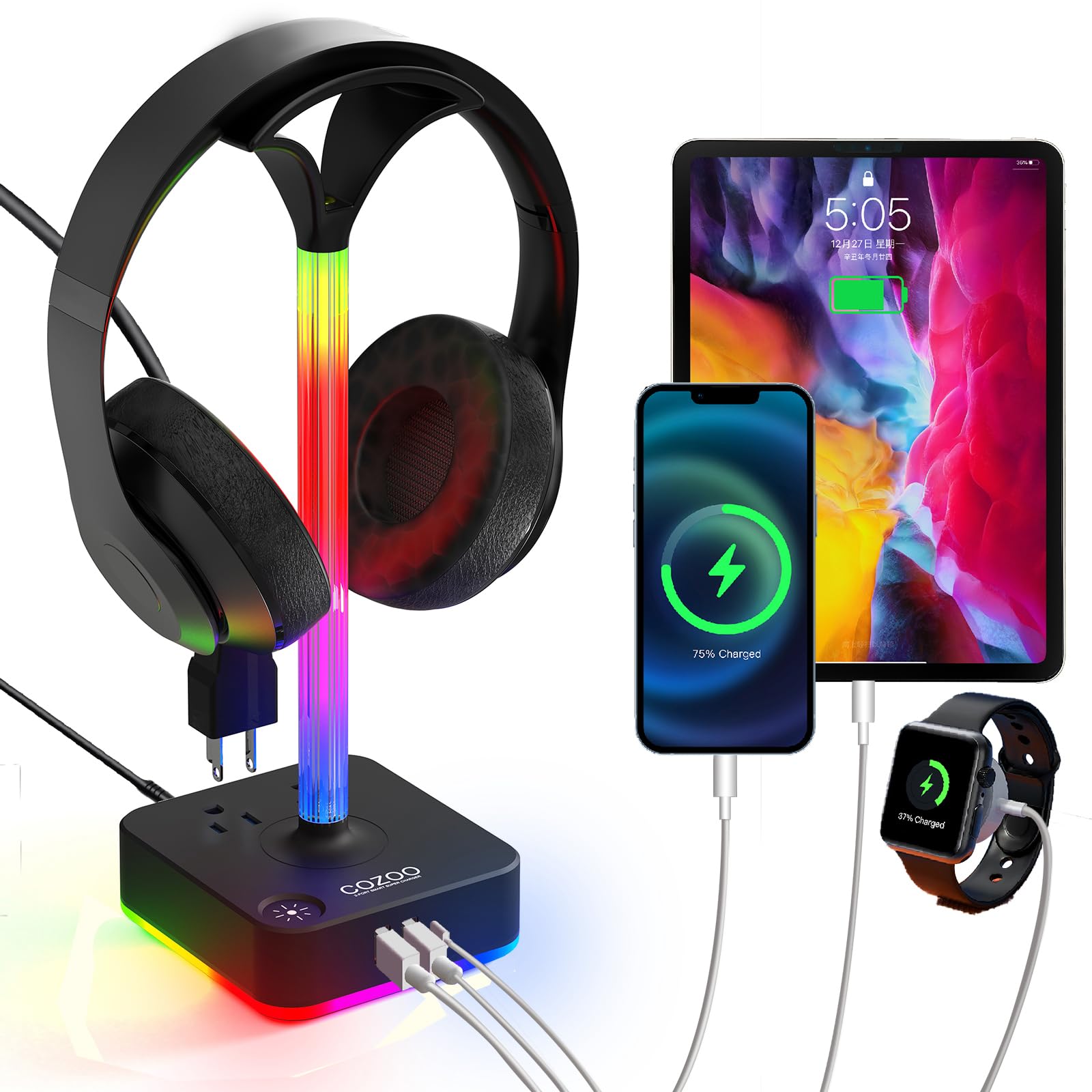 Cozoo RGB Gaming Headphone Stand with Charger - 3 USB Ports (2 USB-A + 1 Type C) & 2 AC Outlets - 9 Color LED Modes - Perfect for Gaming Setup, Office Desk & Streaming Station Accessories - Ideal Gamer Gift & PC Gaming Equipment Organizer