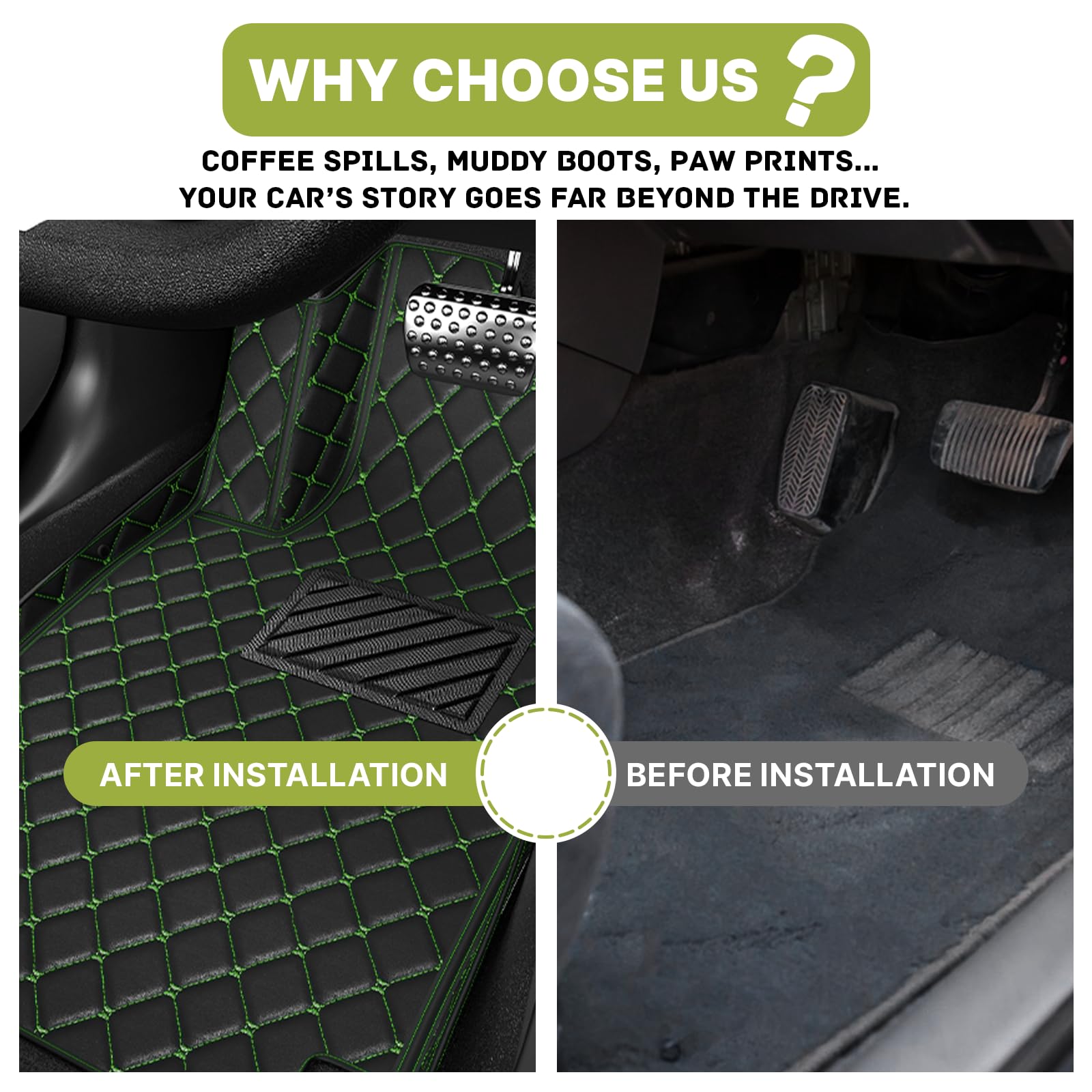 Premium Custom All-Weather Non-Slip Leather Car Floor Mats for Lexus RC 200T/300/350/RC F (2015-2022 Models) - Perfect Fit, Durable Protection for Daily Driving & Road Trips (Black-Green Color Option)