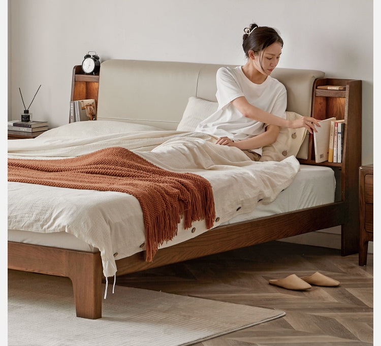 Solid Oak Wood Luminous Bed with Shelf - Genuine Leather & Technical Fabric Headboard - Modern Bedroom Furniture for Master Bedroom, Guest Room, or Dorm