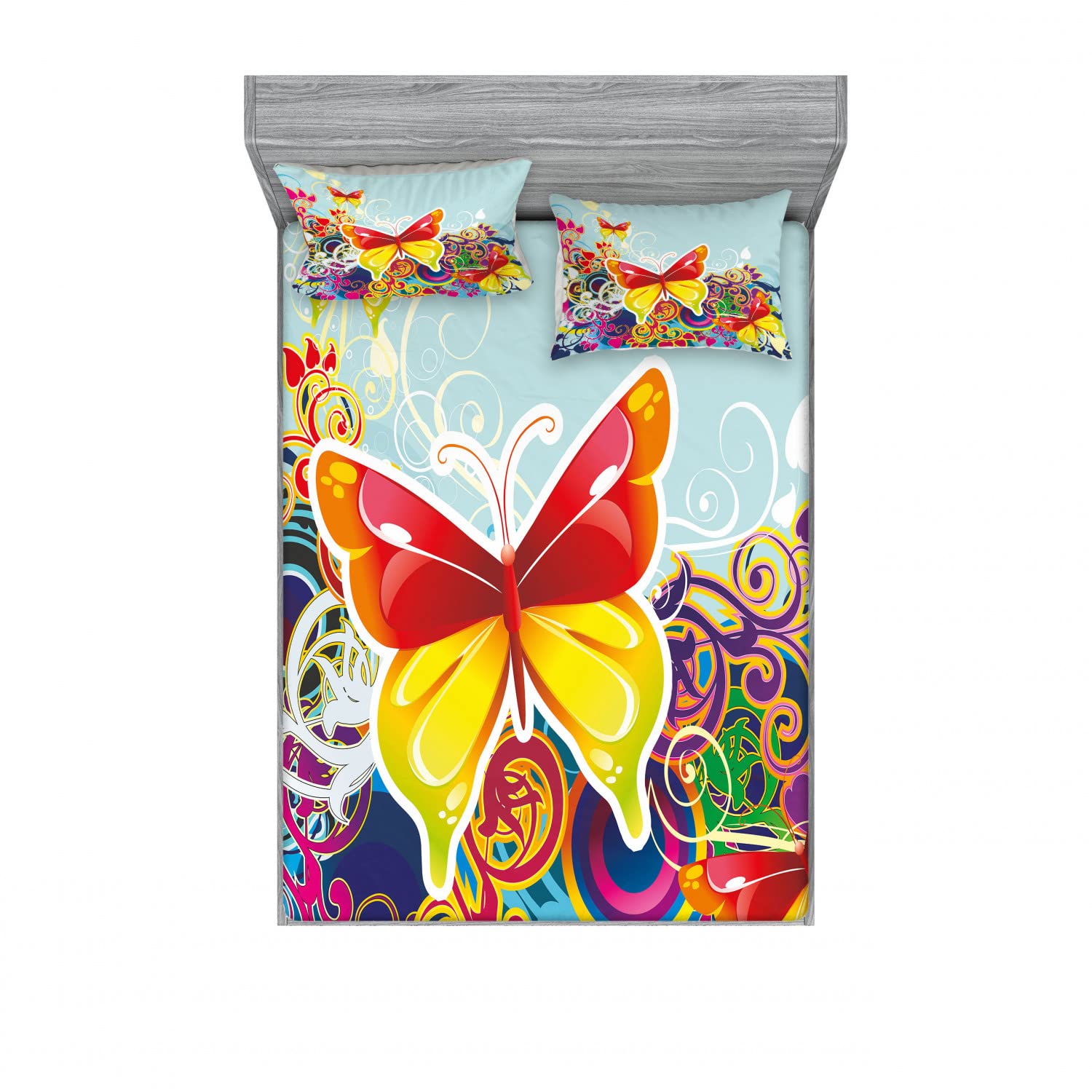 Ambesonne 2-Piece King Size Fitted Sheet Set with 4 Pillow Shams - Vibrant Nature Leaves & Butterfly Print Bedding Collection - Soft Wrinkle-Resistant Fabric for Master Bedroom, Guest Room & Vacation Homes