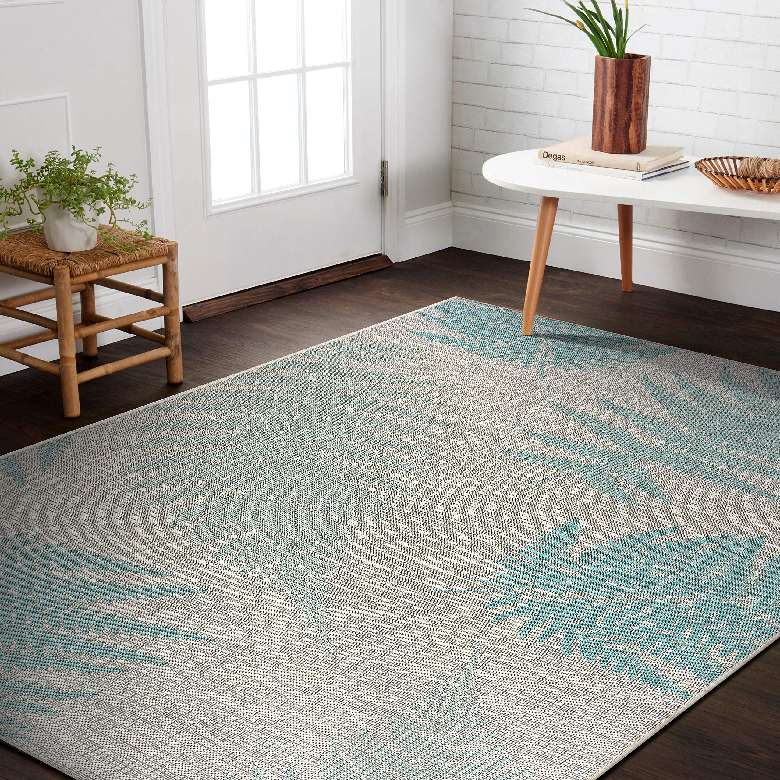 LR Home 8' x 10' Indoor/Outdoor Tropical Floral Area Rug - Farmhouse Decor for Living Room, Bedroom, Playroom, Patio & Garden | Durable Teal/Cream Carpet | Perfect for Boho Chic, Coastal & Modern Farmhouse Styles