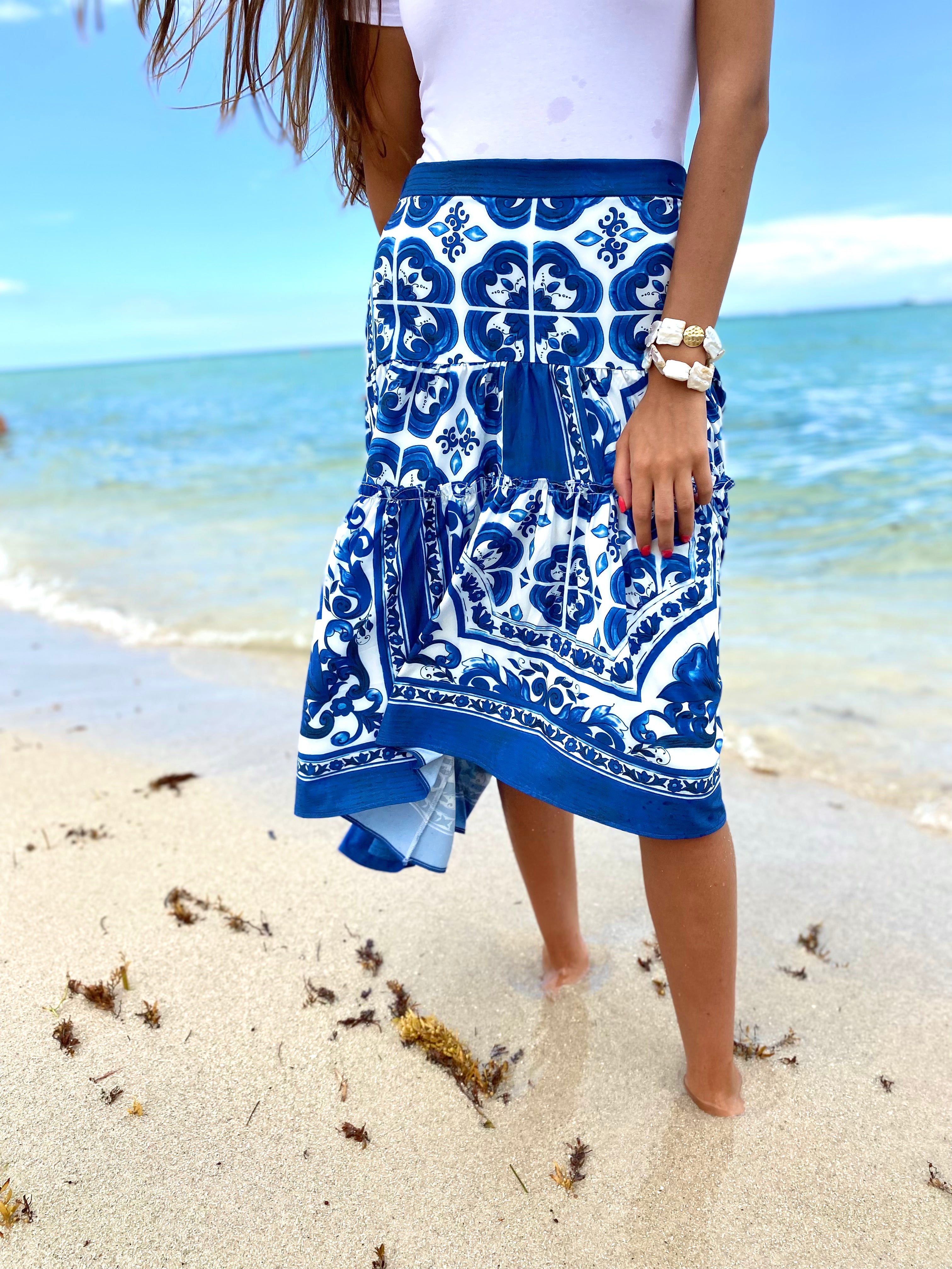 Stylish Blue and White Printed Skirt for Women - Floral Summer Skirt for Casual Outings, Beach Vacations & Date Nights