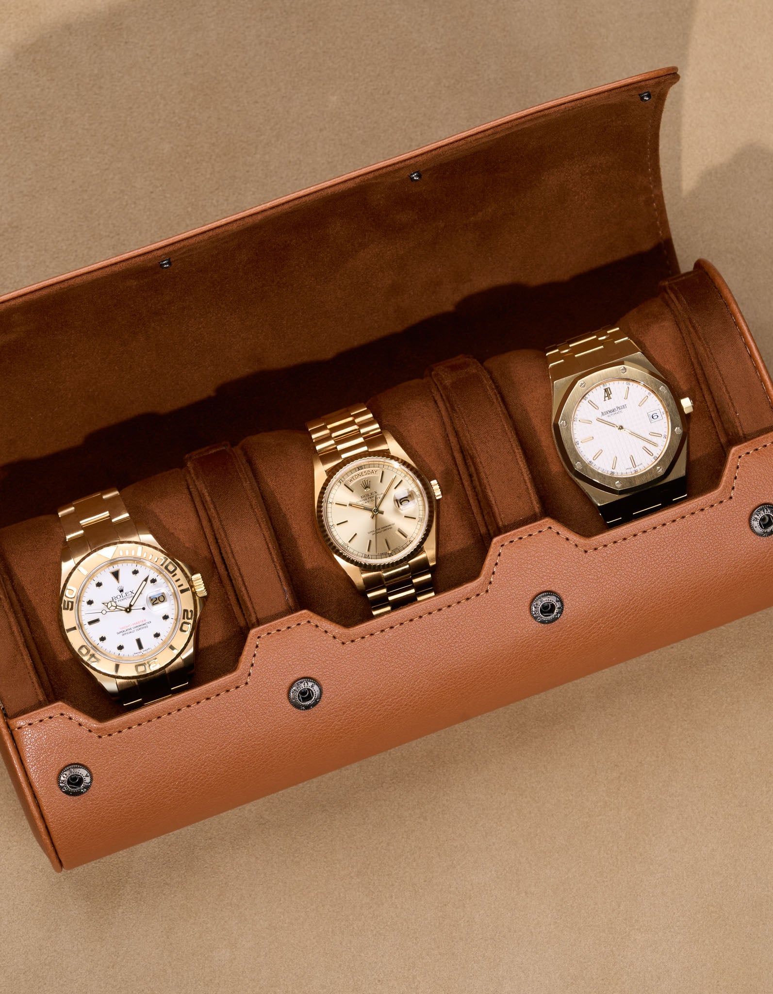 Premium 3 Slot Leather Watch Roll Organizer - Brown | Travel & Storage Case for Men's Watches | Perfect for Travel, Display & Protection