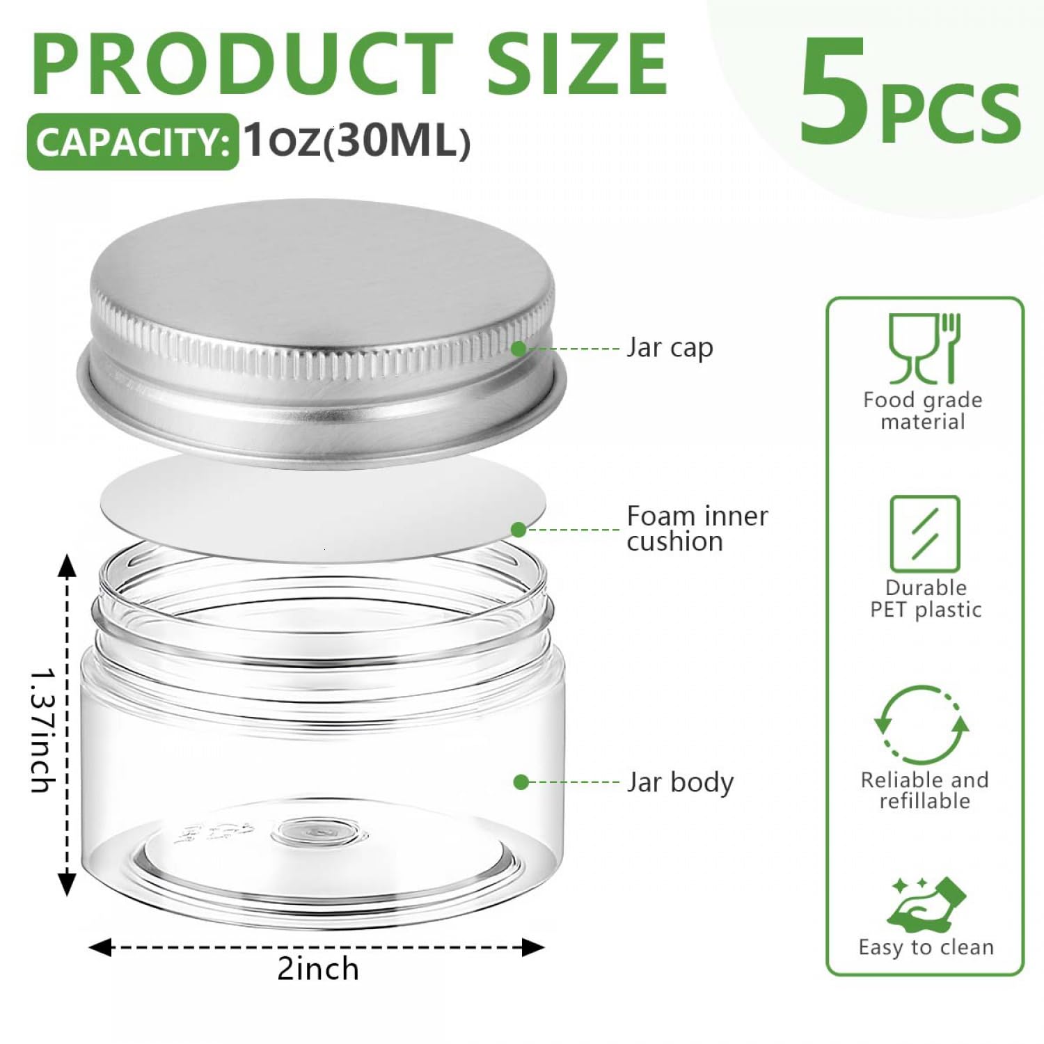 5 Pack 1 OZ Plastic Travel Size Containers with Lids - Leak Proof Small Jars for Creams, Lotions & Cosmetics (Silver) - Perfect for Toiletries, Makeup & Skincare Travel Kit