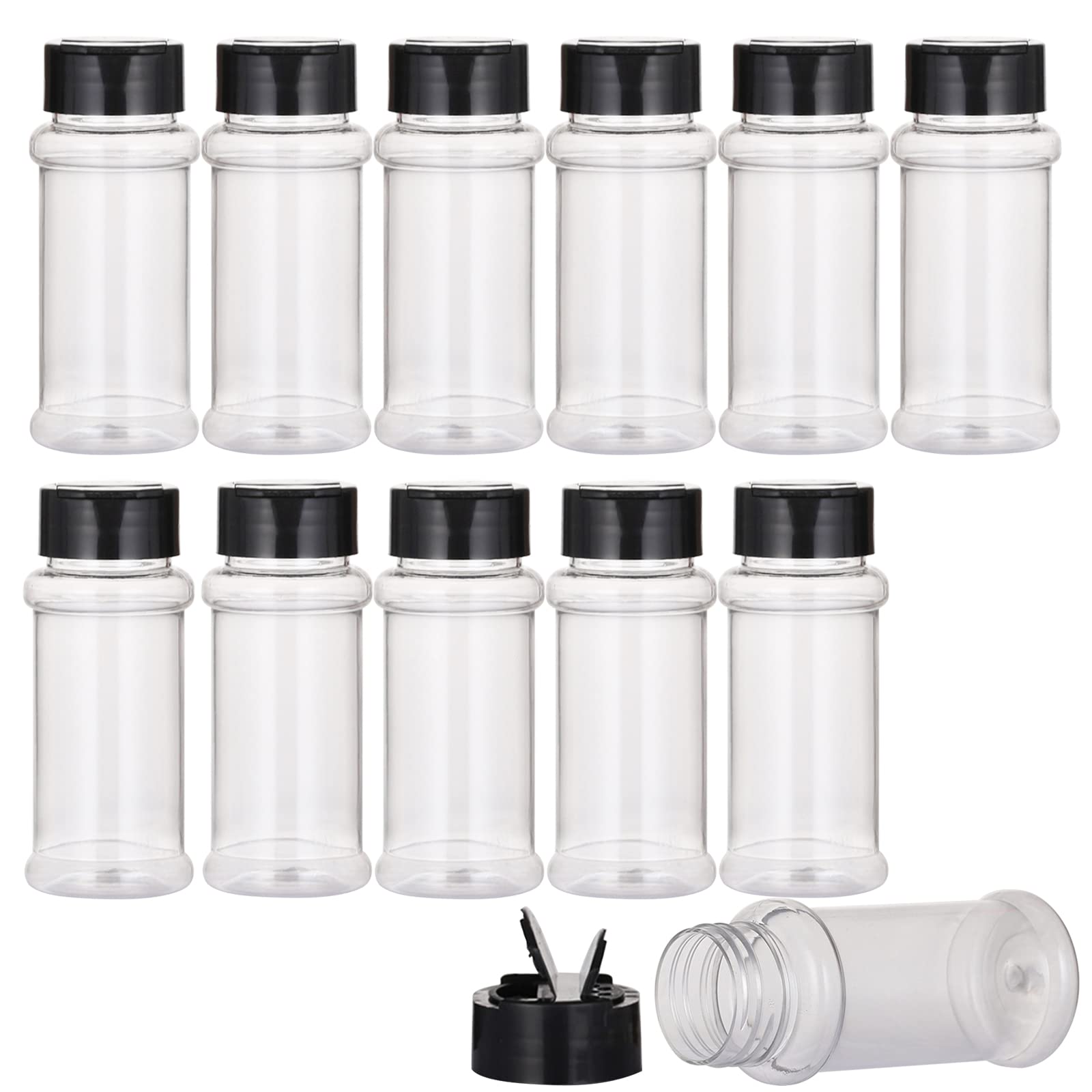 FEOOWV 12-Pack 3.3 Oz Plastic Spice Jars with Black Screw Lids - BPA-Free Airtight Containers for Spices, Herbs & Powders - Perfect for Kitchen, Pantry & DIY Seasoning Storage