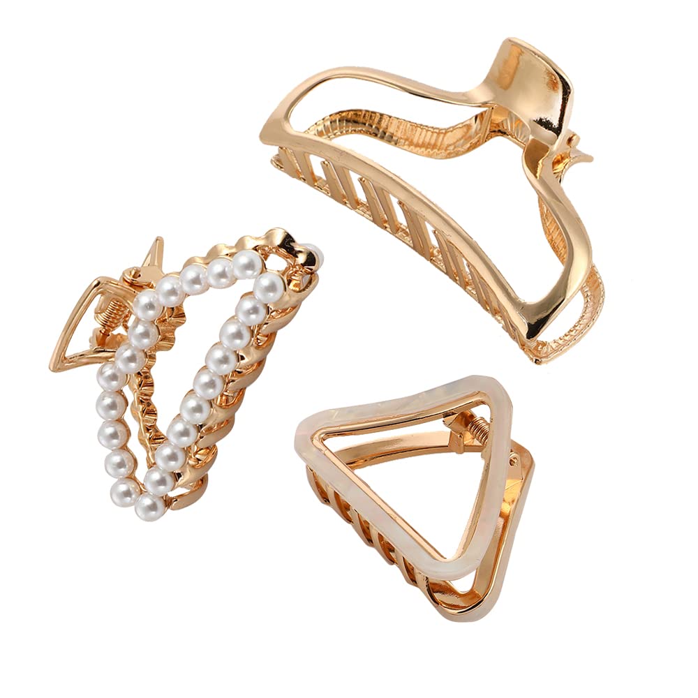 Stylish Metal Hair Claw Clips for Women - 3 Pack Medium Size for Thick Hair (Acetic Acid, Pearl & Glossy Finish) - Perfect for Updos, Ponytails & Everyday Hairstyles
