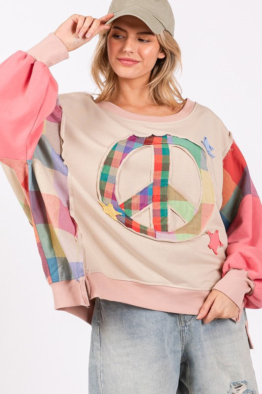 Full Size Contrast Peace Patch Oversized Drop Shoulder Sweatshirt - Soft & Stylish Unisex Pullover for Casual Wear, Street Fashion & Loungewear