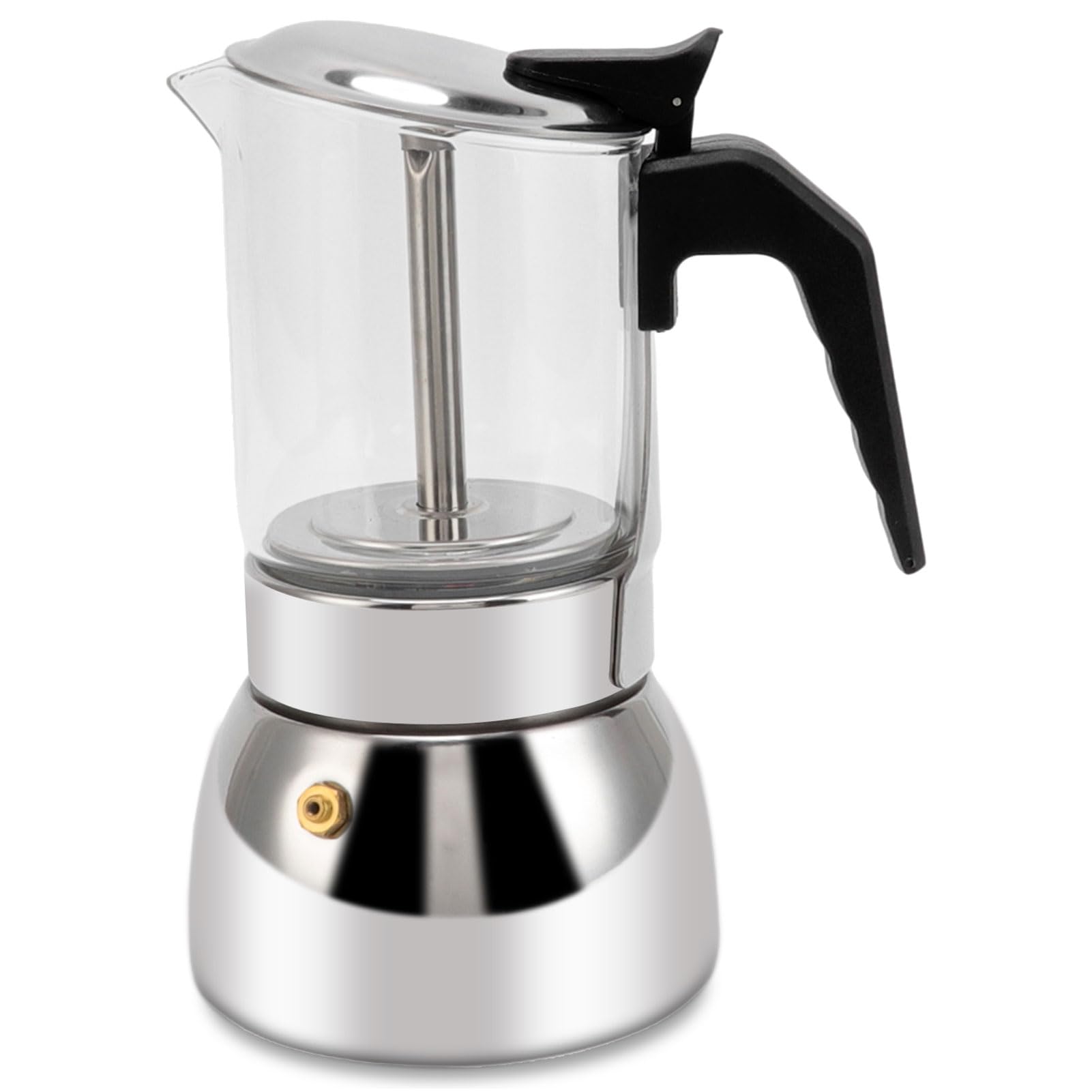 **Stainless Steel Induction Moka Pot - 300ml/10oz Italian Stovetop Espresso Maker with Crystal Glass Top & Safety Valve | Perfect for Home, Office & Camping Coffee Brewing**