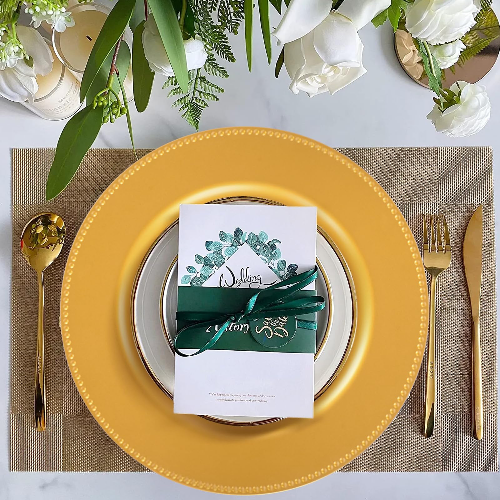 100 Pcs Gold Charger Plates Bulk - 13 Inch Plastic Round Dinner Plates with Beaded Rim, Reusable Charger Service Plates for Christmas, Wedding, Party & Special Events - Elegant Table Setting for Holiday Dinners, Banquets and Formal Occasions
