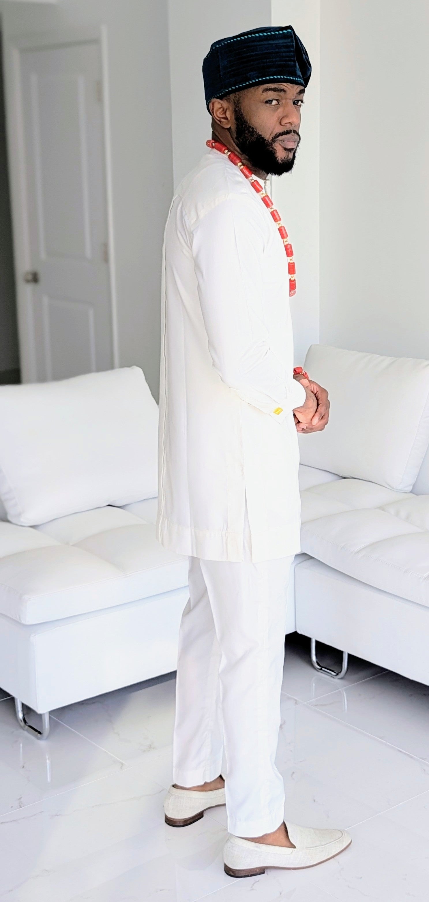 Dupsie's Birnin Gwari Prestige Ivory and Green Dashiki Suit for Men - African Traditional Wear DPASIG35 | Perfect for Weddings, Cultural Events, and Special Occasions