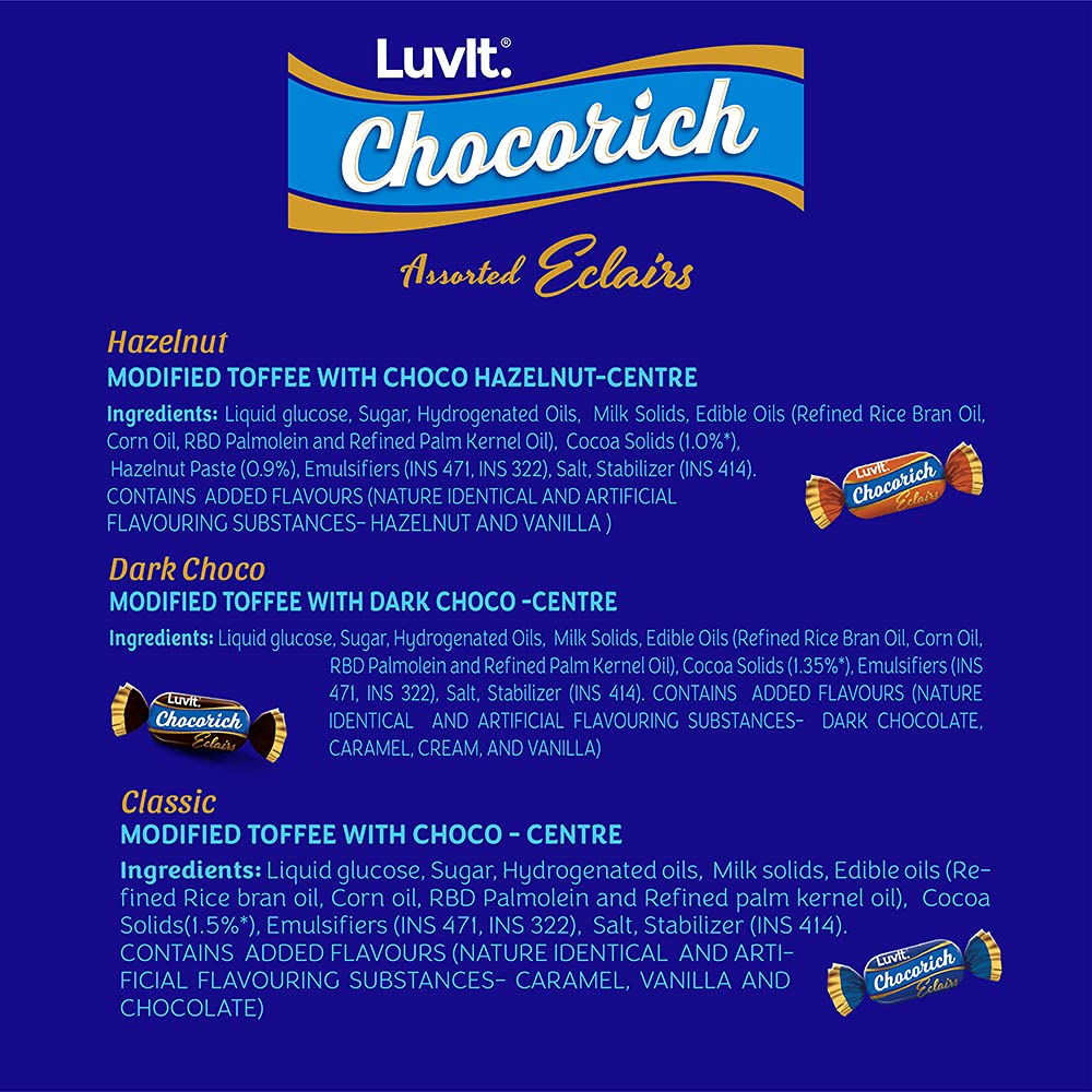 LuvIt Chocorich Assorted Eclairs - Hazelnut, Dark Chocolate & Milk Chocolate | 60 Pieces per Pouch | Pack of 2 (480g Each) | Perfect for Birthday Parties, Office Snacks & Gift Baskets