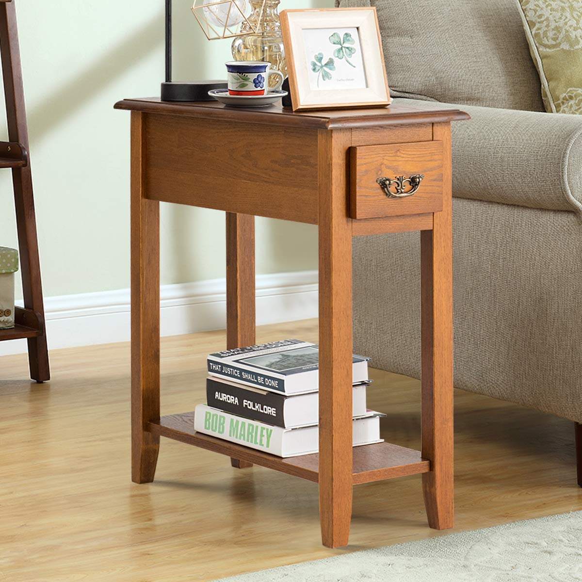 Tangkula Narrow End Table with Drawer & Open Shelf - Slim Side Table for Small Spaces, Compact Nightstand for Bedroom & Living Room - 9.8