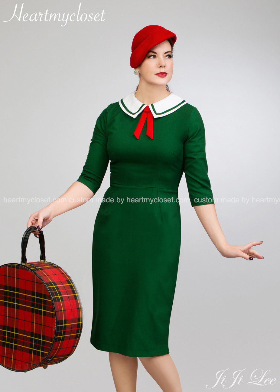 Vintage 1950s Scarlet Dress with Contrast Collar & Bow - Retro Style for Parties, Weddings & Special Occasions