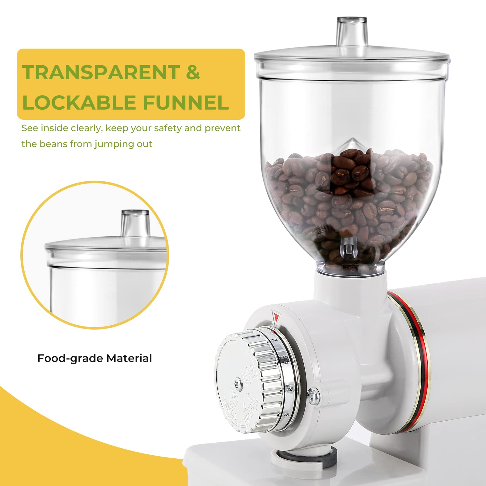 Premium Electric Burr Coffee Grinder for Espresso & Drip Coffee - Commercial & Home Use with Adjustable Grind Settings, Silent Operation, Includes Hopper, Brush & Spoon (White) - Perfect for Coffee Shops, Offices & Home Brewing Enthusiasts