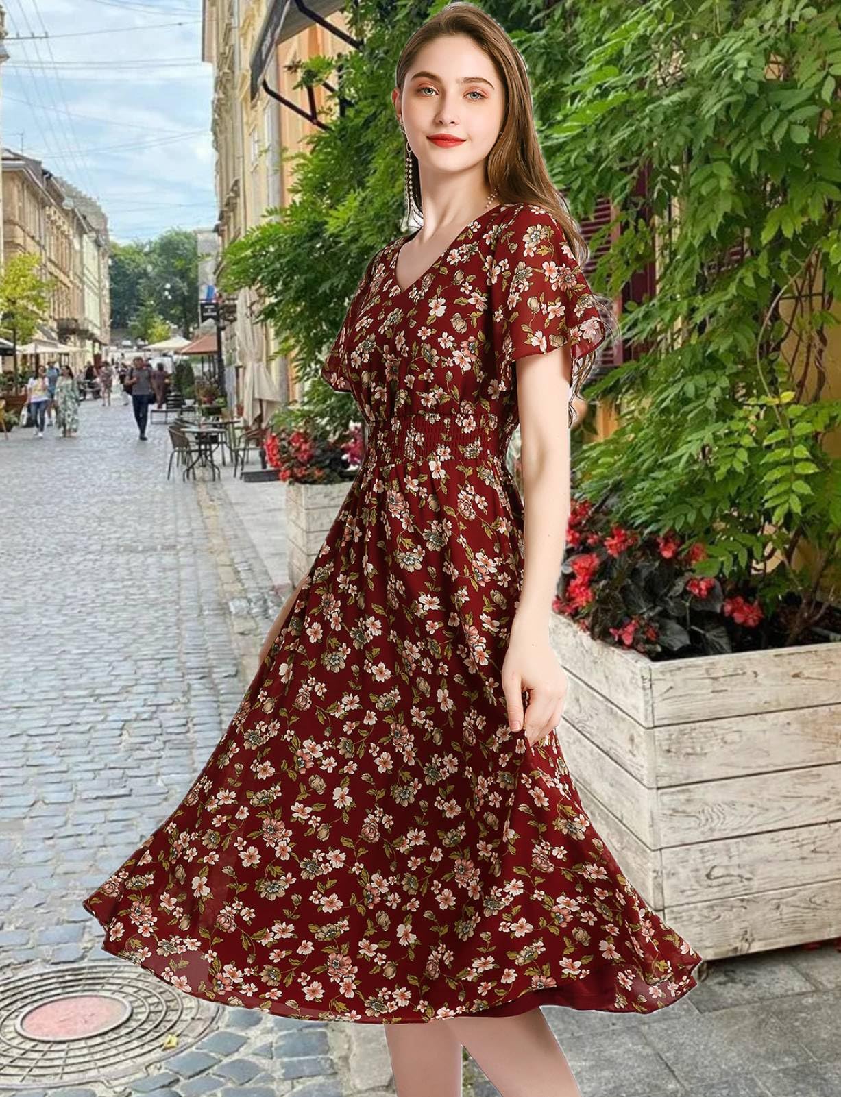Floral Chiffon Summer Dress for Women - Elastic Waist Beach Sundress | Perfect for Beach Vacations, Garden Weddings & Outdoor Parties