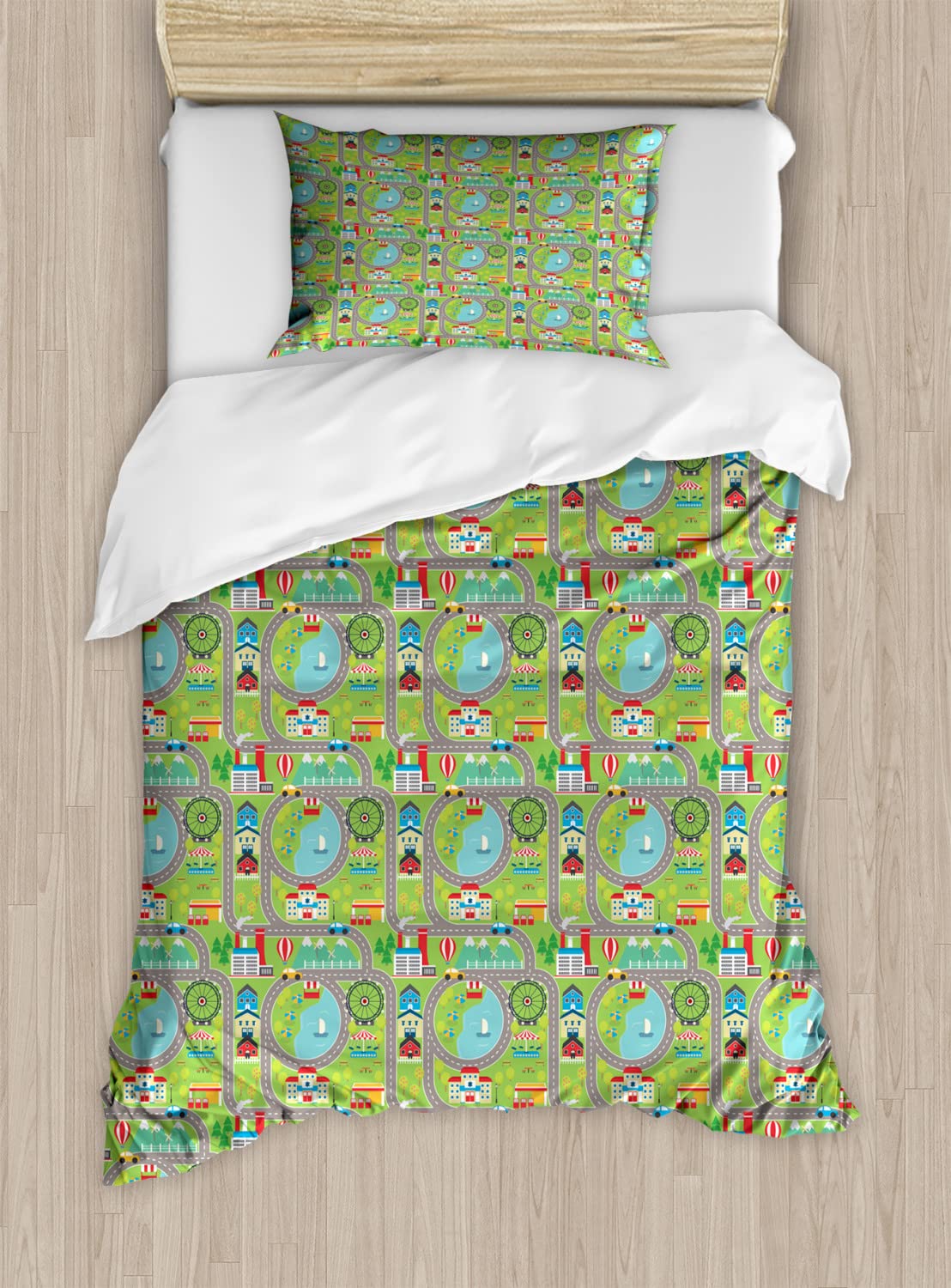 Ambesonne Car Race Track Duvet Cover Set - Cartoon Design Summer City Amusement Park & Lake Roadway Theme - 2 Twin Size Duvet Covers & 2 Pillowcases - Multicolor Bedding Set for Kids' Room, Teen Bedroom, and Race Car Themed Decor