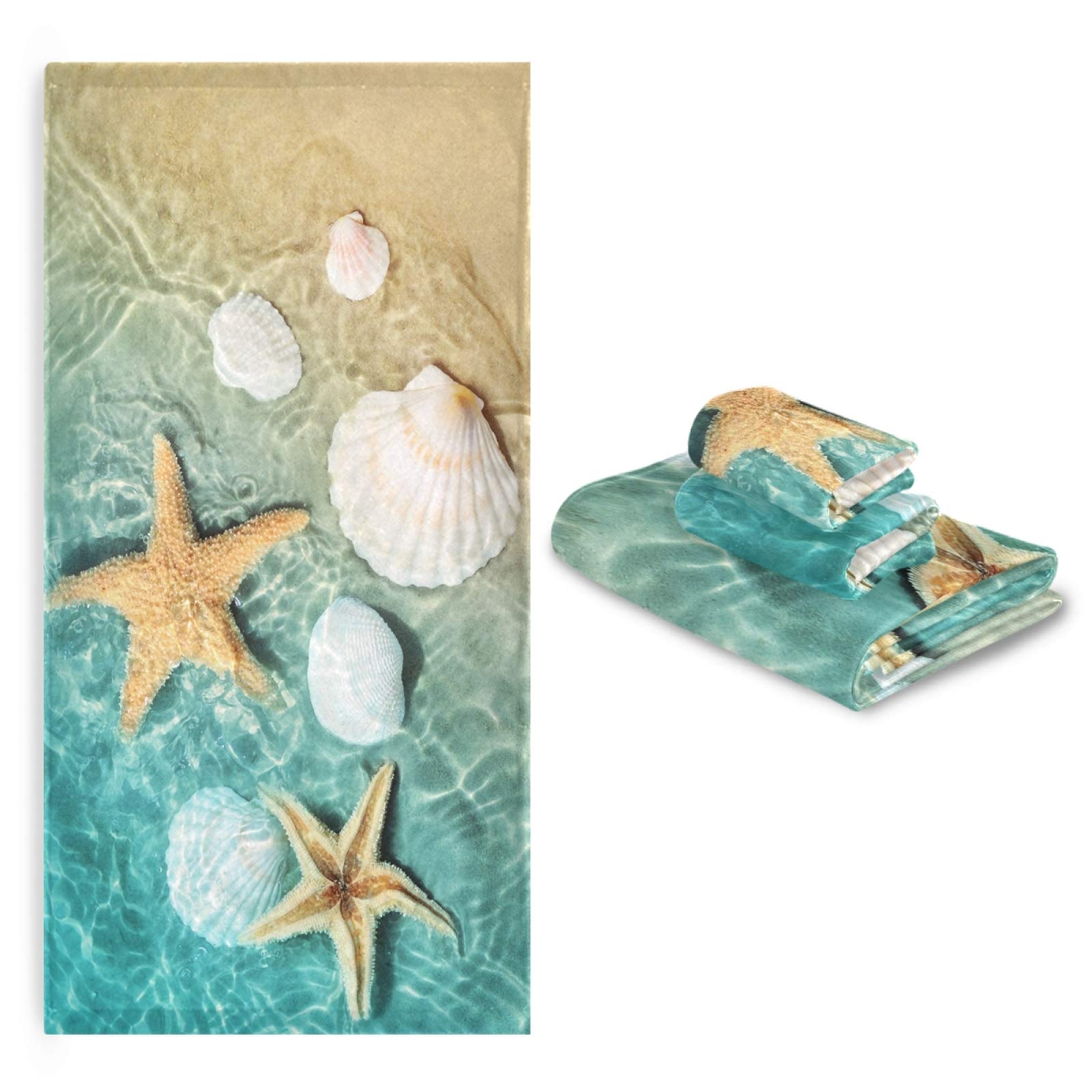 Vdsrup Summer Beach Ocean Bath Towels Set of 3 - Soft Seashell & Starfish Hand Towels, Washcloth & Face Towels for Guest, Kitchen & Bathroom | Thin & Absorbent Cotton Towel Set for Beach House Decor, Housewarming Gifts