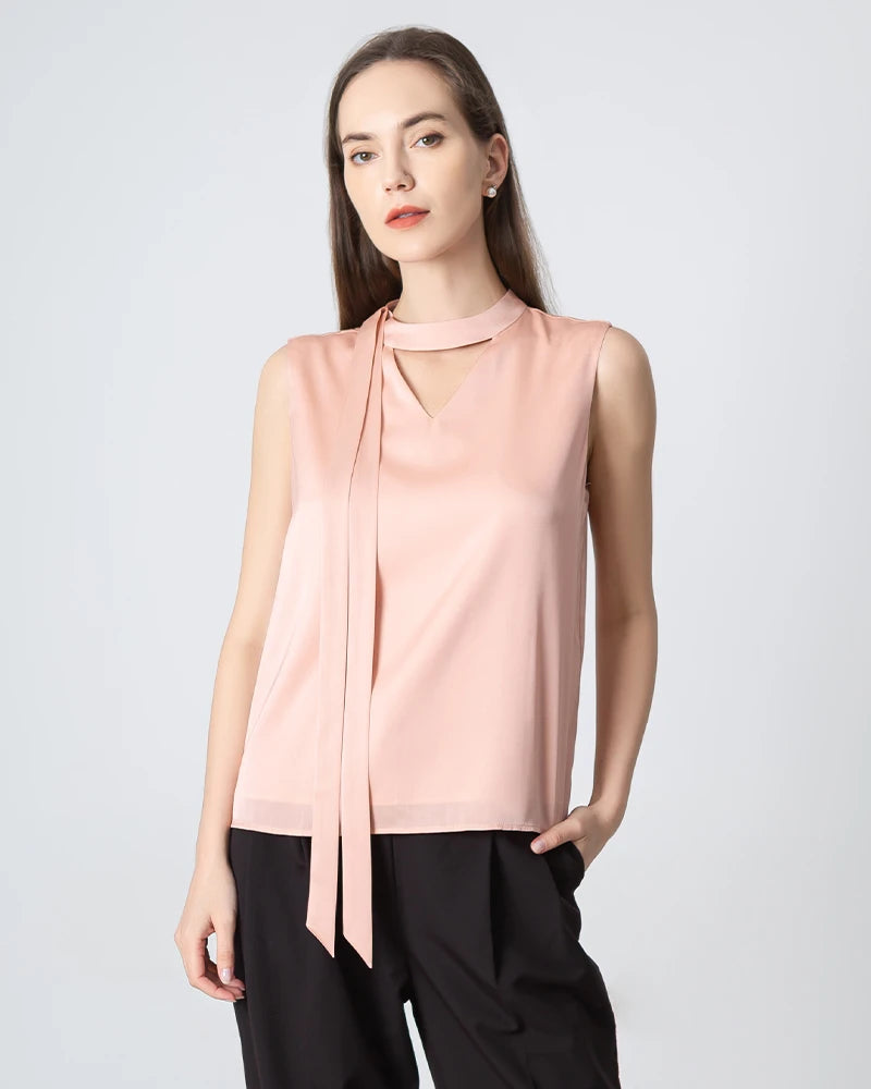 Elegant V-Neck Tie Front Sleeveless Silk Blouse for Women - Perfect for Office Wear, Date Night & Special Occasions