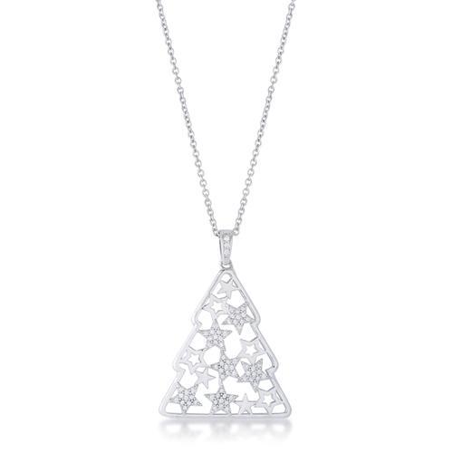 0.2 Carat CZ Rhodium-Plated Christmas Tree Pendant with Mixed Stars Pave - Elegant Holiday Jewelry Gift for Women - Perfect for Christmas Parties, Festive Outfits & Holiday Celebrations