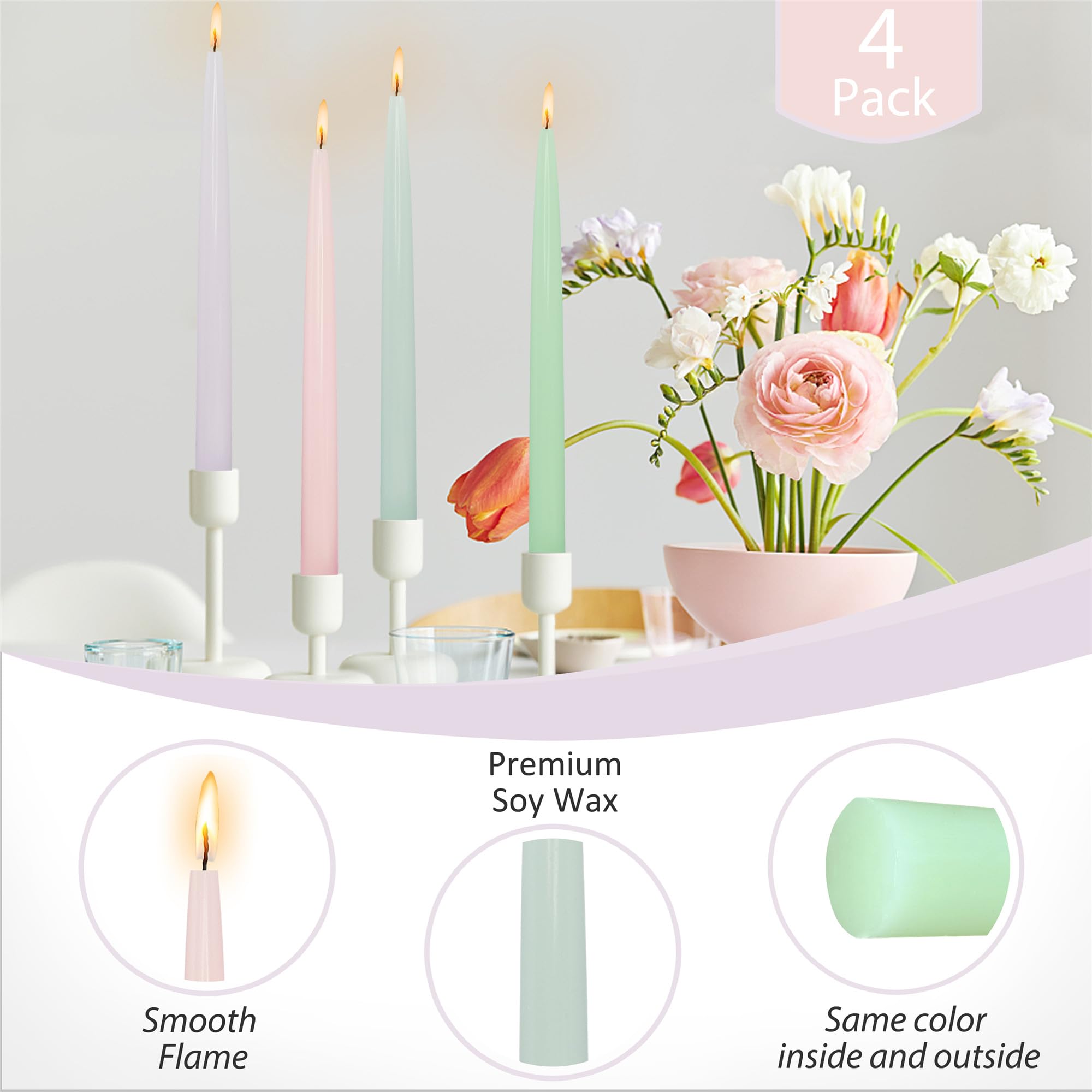 10 Inch Pink Taper Candles Set of 4 - Pastel Rainbow Tapered Candlesticks for Home Decor, Romantic Dinners, Wedding Centerpieces & Party Decorations - Elegant Gift for Women