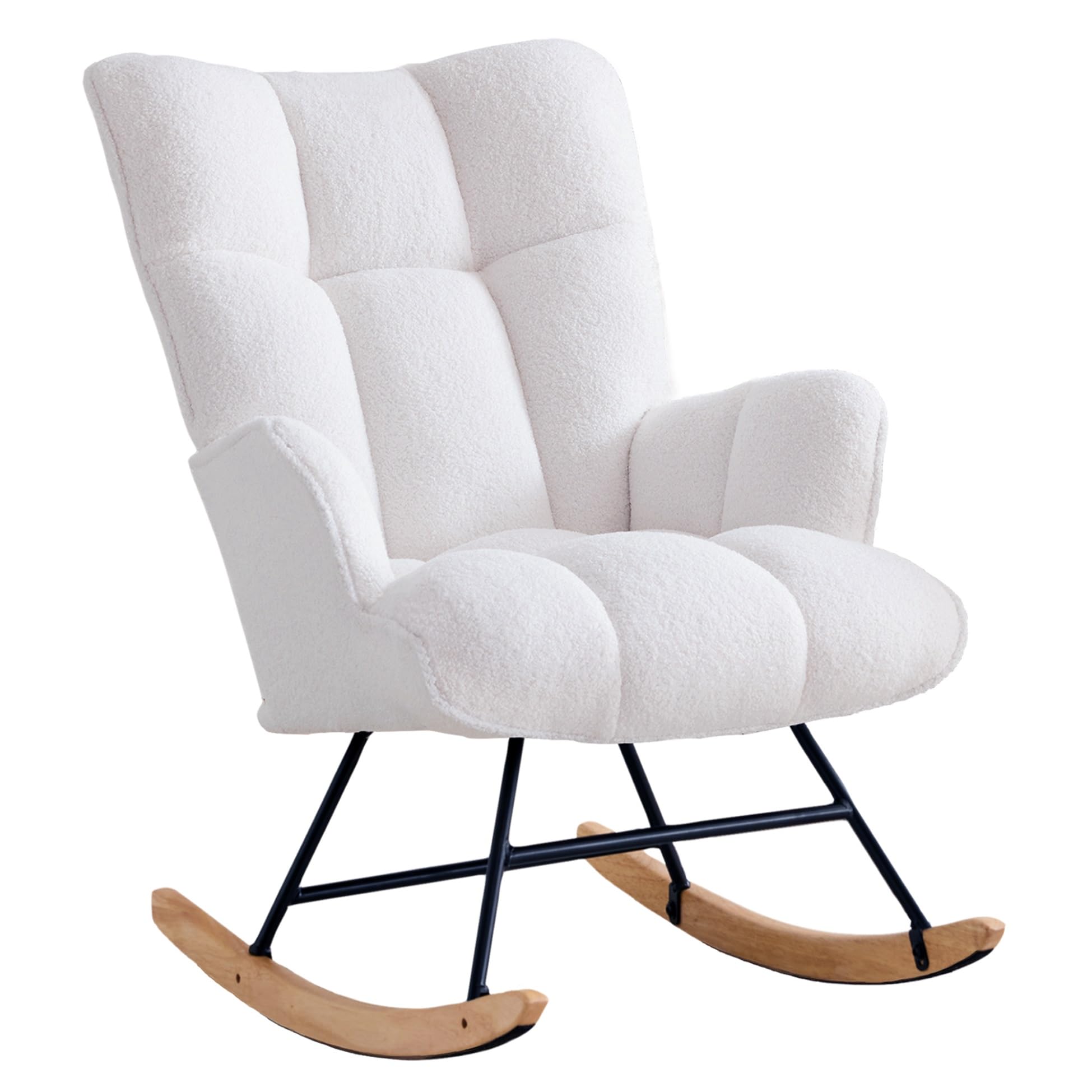 Comfy Teddy Upholstered Glider Rocker Chair with Padded Seat & High Backrest - Nursery Rocking Chair, Accent Armchair for Living Room, Bedroom & Office (White) - Perfect for Nursing, Reading & Relaxing