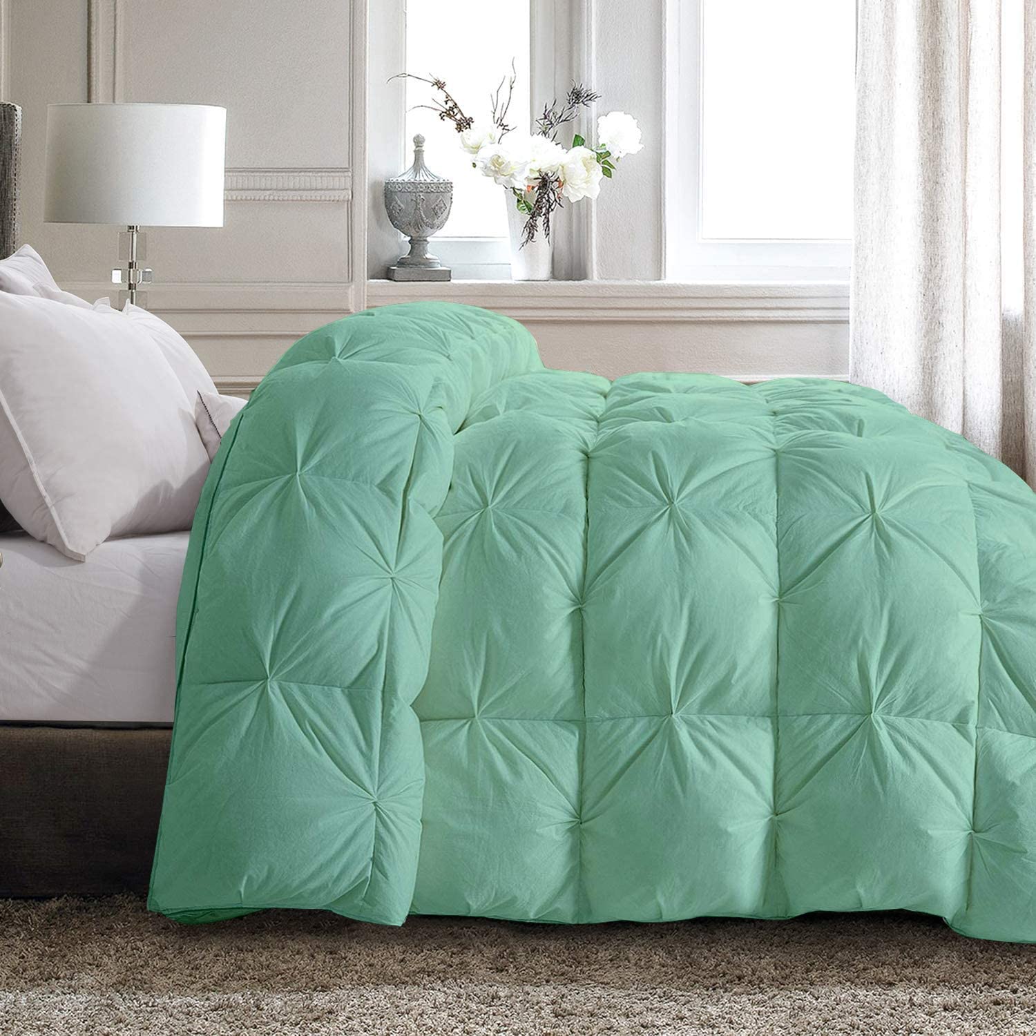 Pinch Pleated 100% Cotton Lightweight All Season Down Alternative Comforter - Soft Quilted Cooling Bedding for Warm Weather & Hot Sleepers (Full/Queen, Aqua Blue) - Perfect for Summer Nights, Guest Rooms & Airy Bedroom Decor