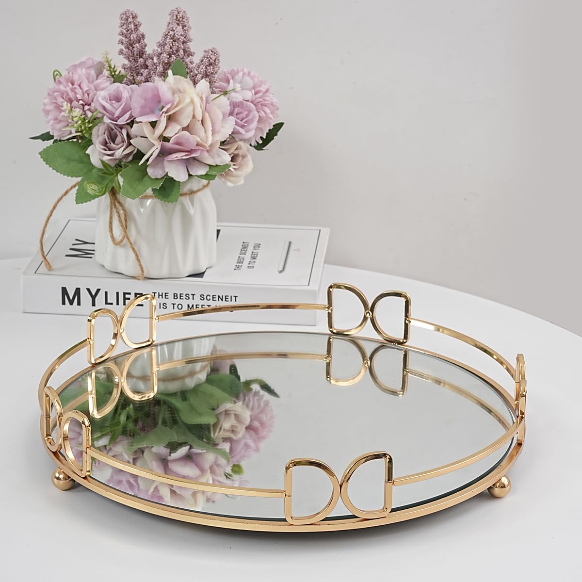 Round Metal Mirror Vanity Tray - Gold Cosmetic & Perfume Organizer for Dresser, Bathroom, Bedroom Countertop - Perfect for Makeup Storage, Jewelry Display & Bath Essentials (13×13 Inches)