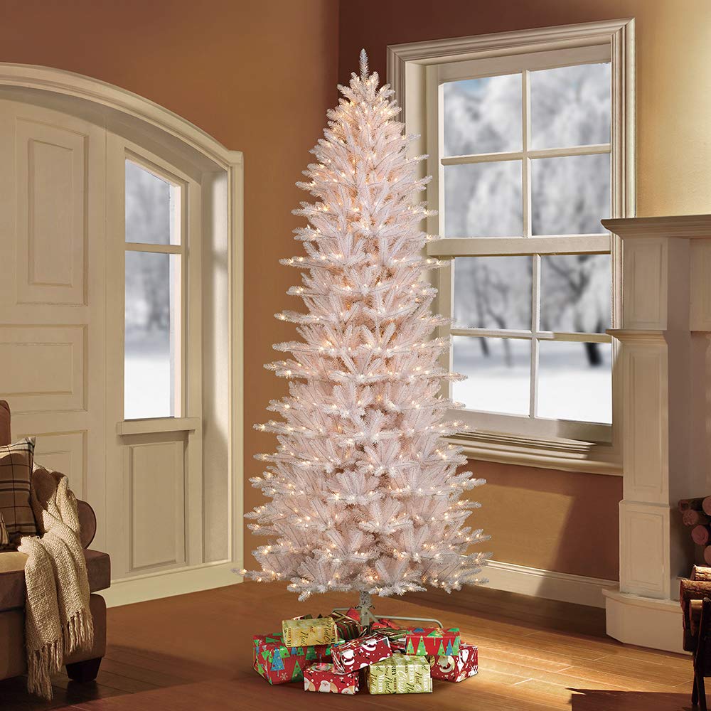 Puleo International 9ft Pre-Lit Slim Artificial Christmas Tree - White Fraser Fir with 800 Clear LED Lights for Holiday Home Decor & Party Decoration