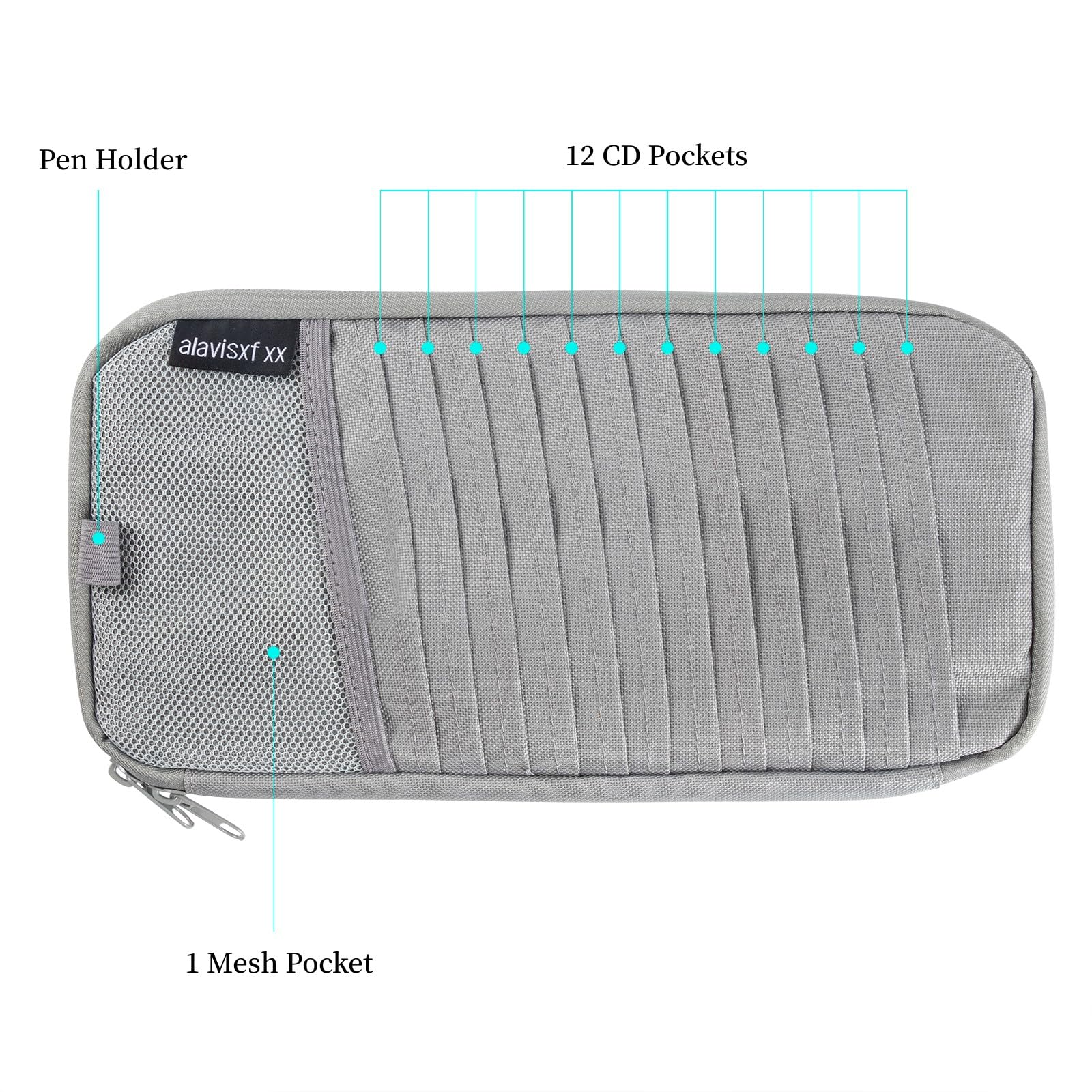 Alavisxf XX Car CD Holder - Large Capacity 12-Sleeve Visor Organizer with Mesh Pocket, Pen Holder & Inner Pocket for CDs, DVDs & Accessories - Perfect for Road Trips & Commuting (Grey)