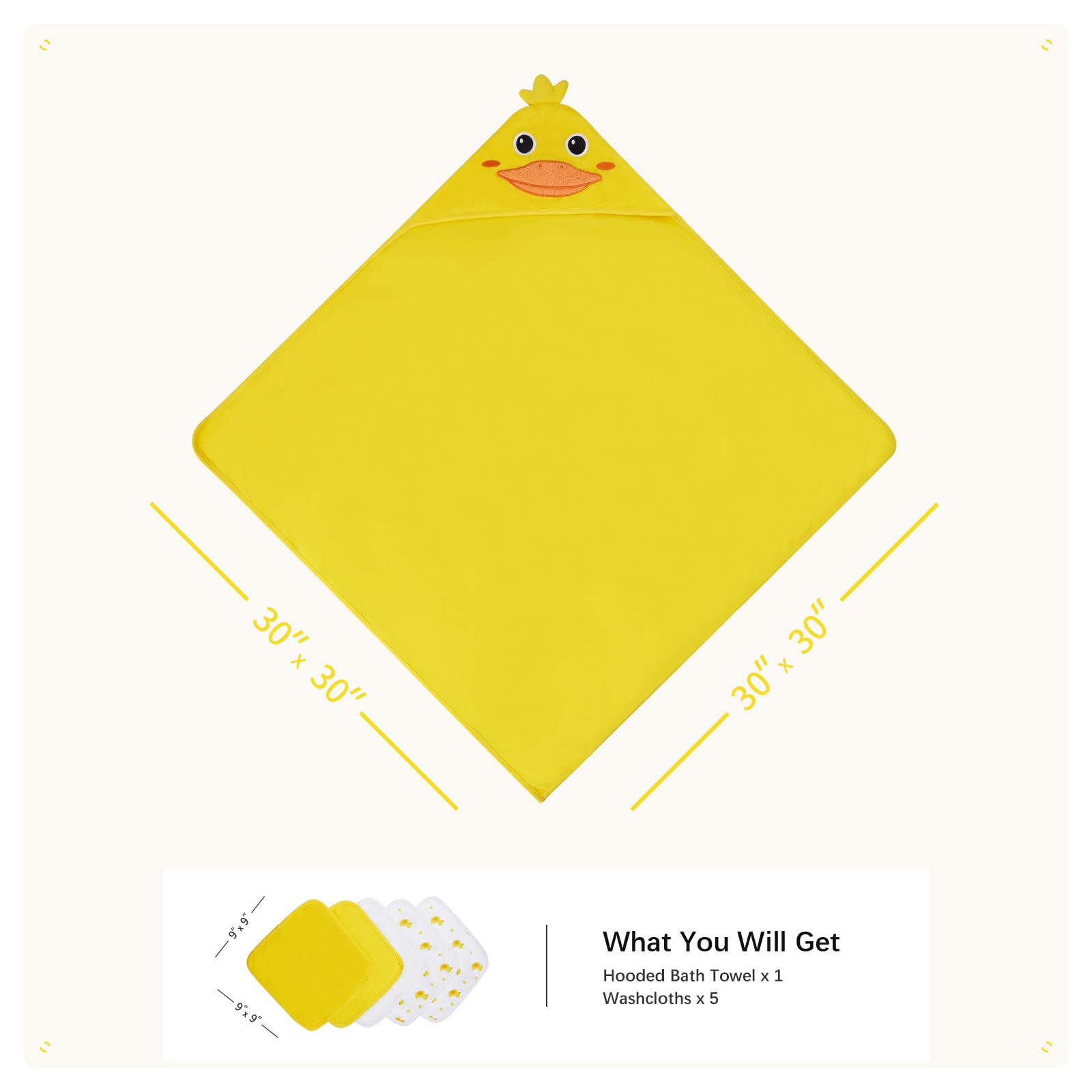 **SYNPOS Hooded Baby Bath Towel Set with 5 Washcloths - Ultra Absorbent Cotton for Boys & Girls, Toddlers & Infants - Yellow Duck Design - Perfect for Bath Time, Swimming & After-Splash Fun**